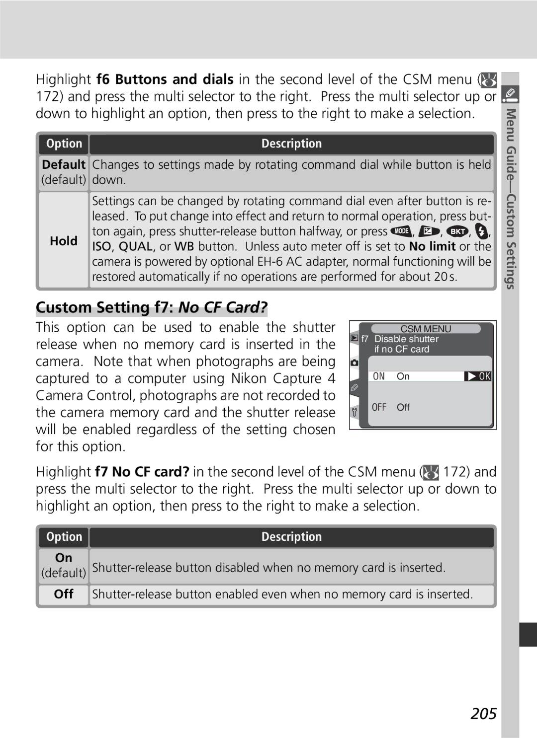 Nikon D2H manual Custom Setting f7 No CF Card?, 205 