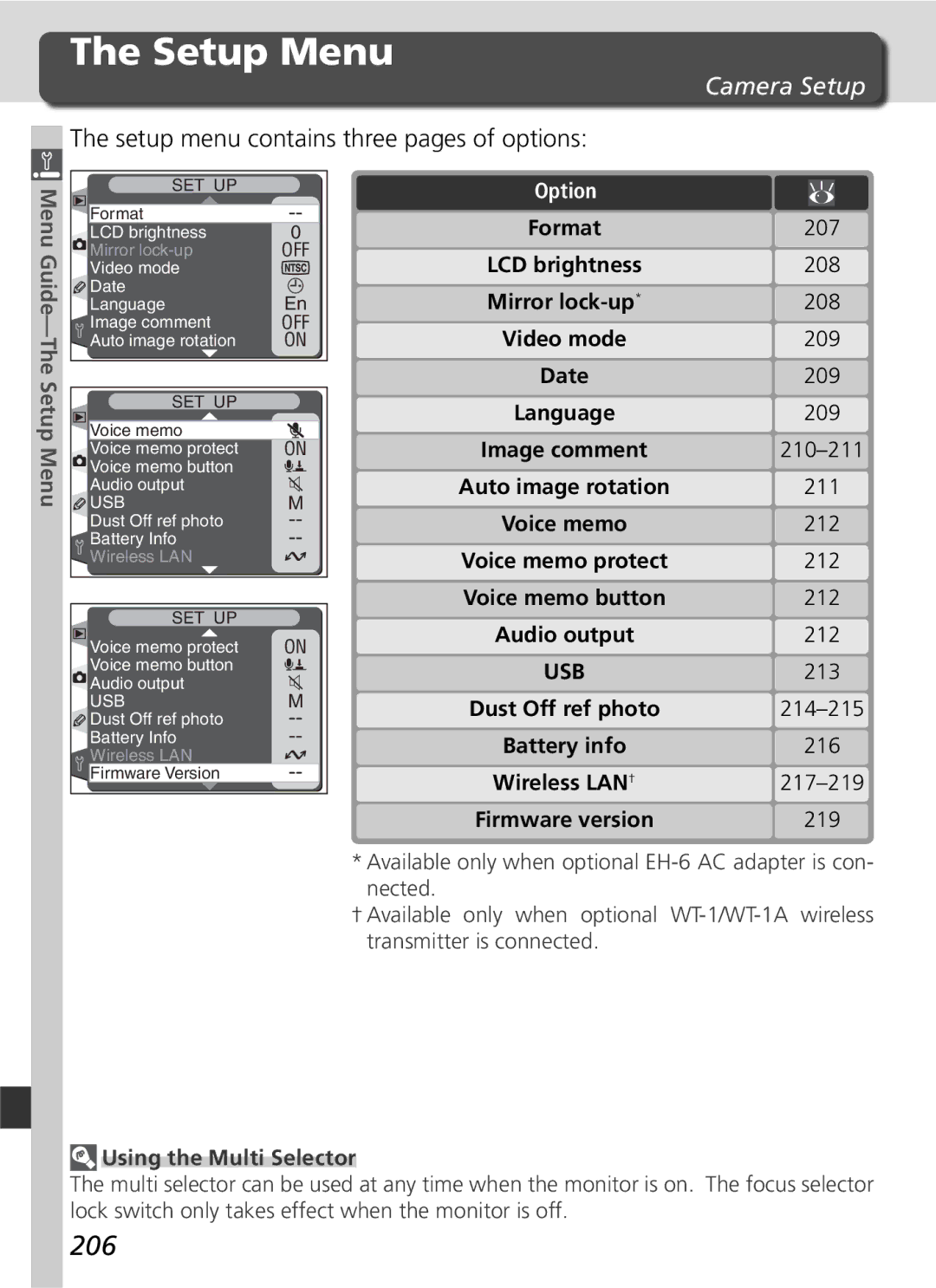 Nikon D2H manual 206, Camera Setup, Setup menu contains three pages of options, Guide-The Setup Menu 