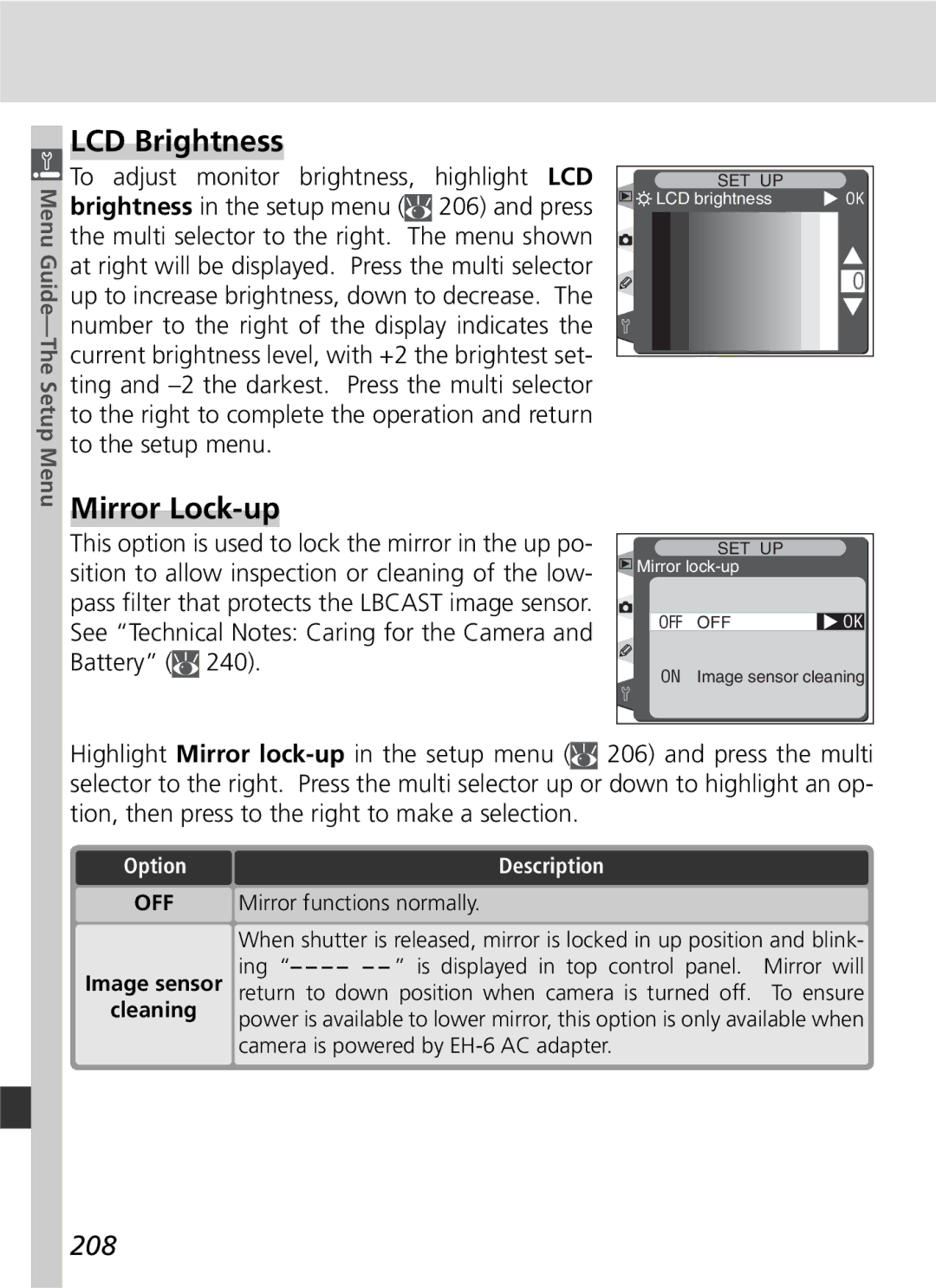 Nikon D2H manual LCD Brightness, Mirror Lock-up, 208, Cleaning 