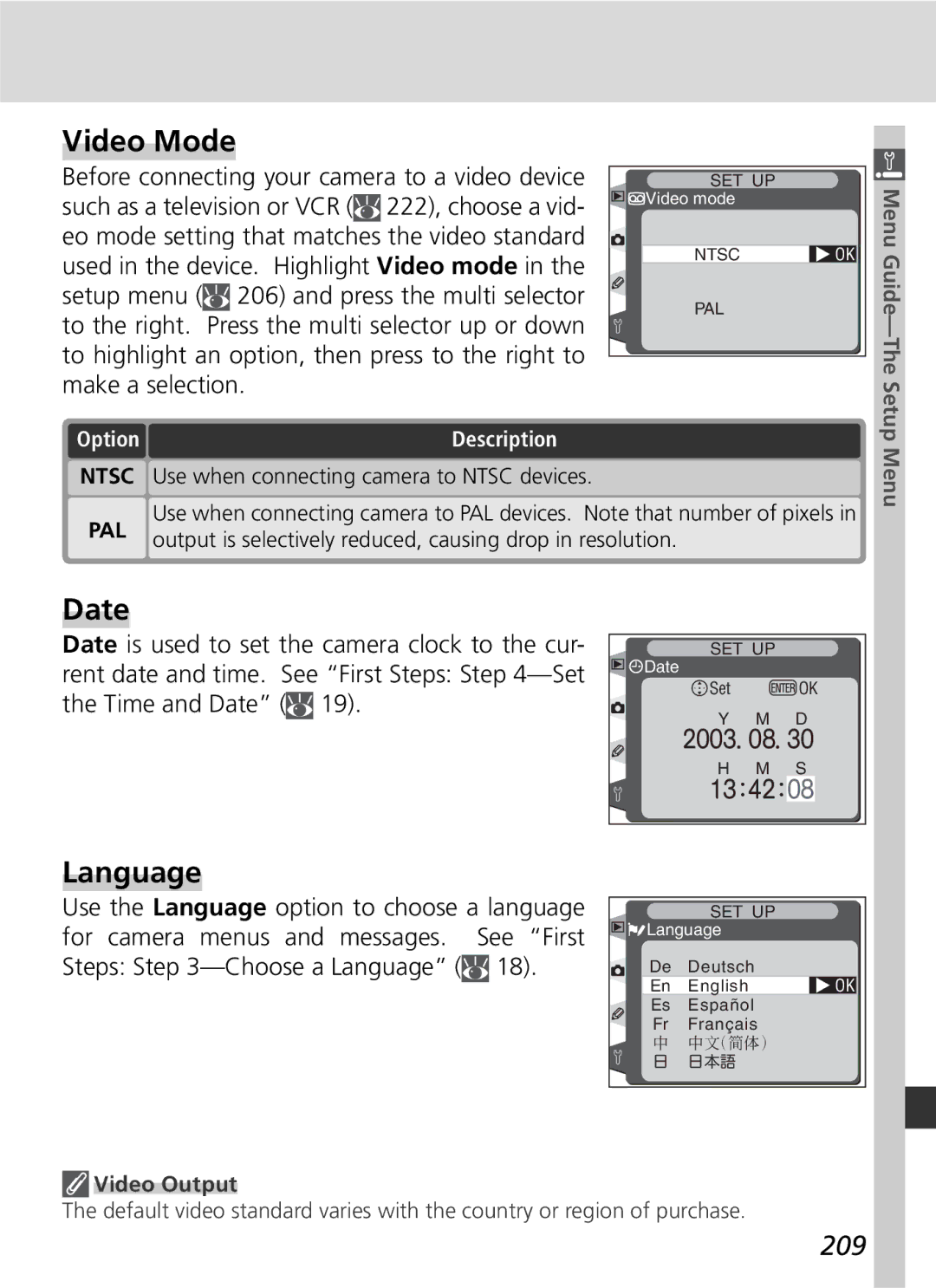 Nikon D2H manual Video Mode, Date, Language, 209, Video Output 