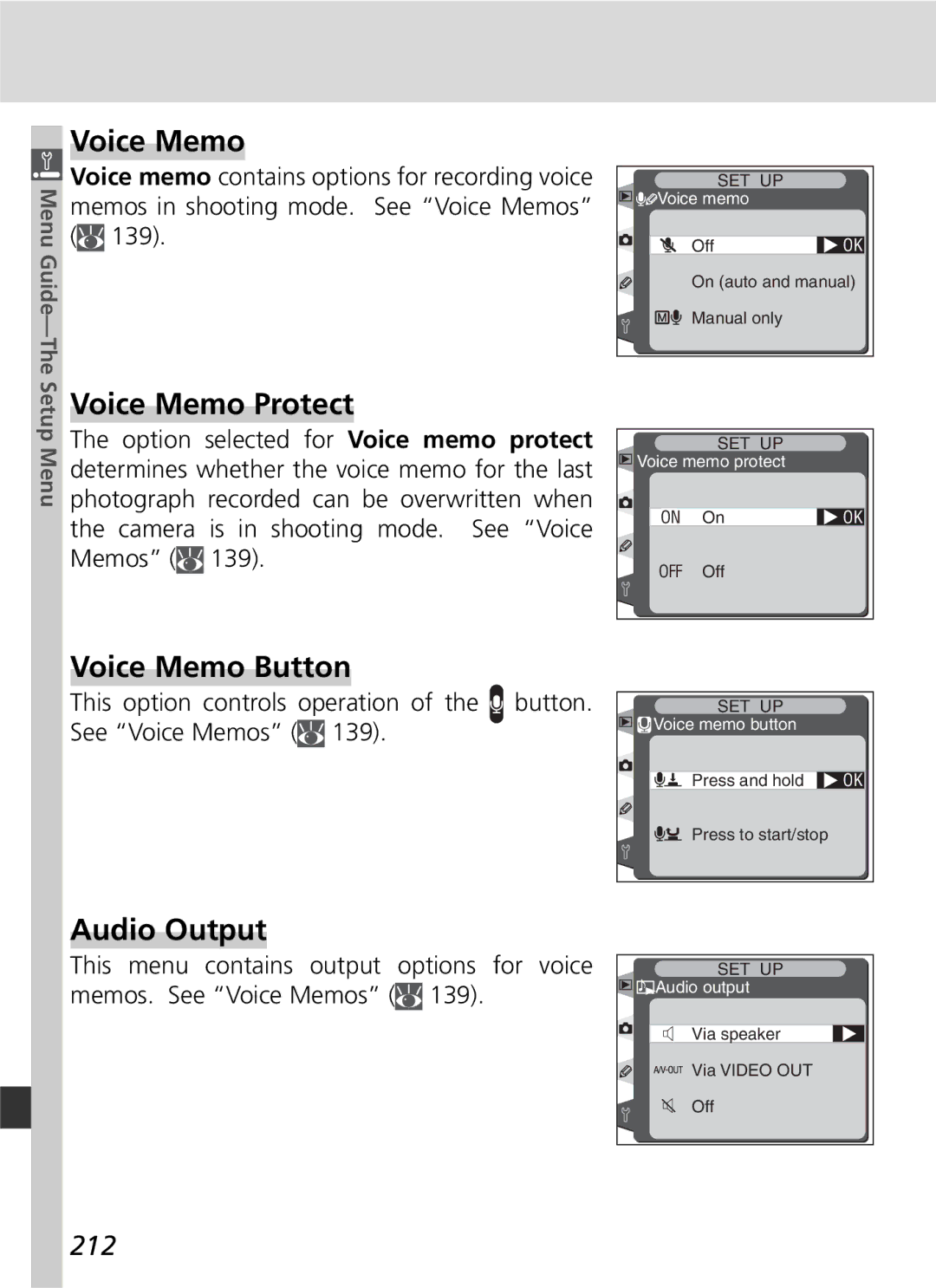 Nikon D2H manual Voice Memo Protect, Voice Memo Button, Audio Output, 212 