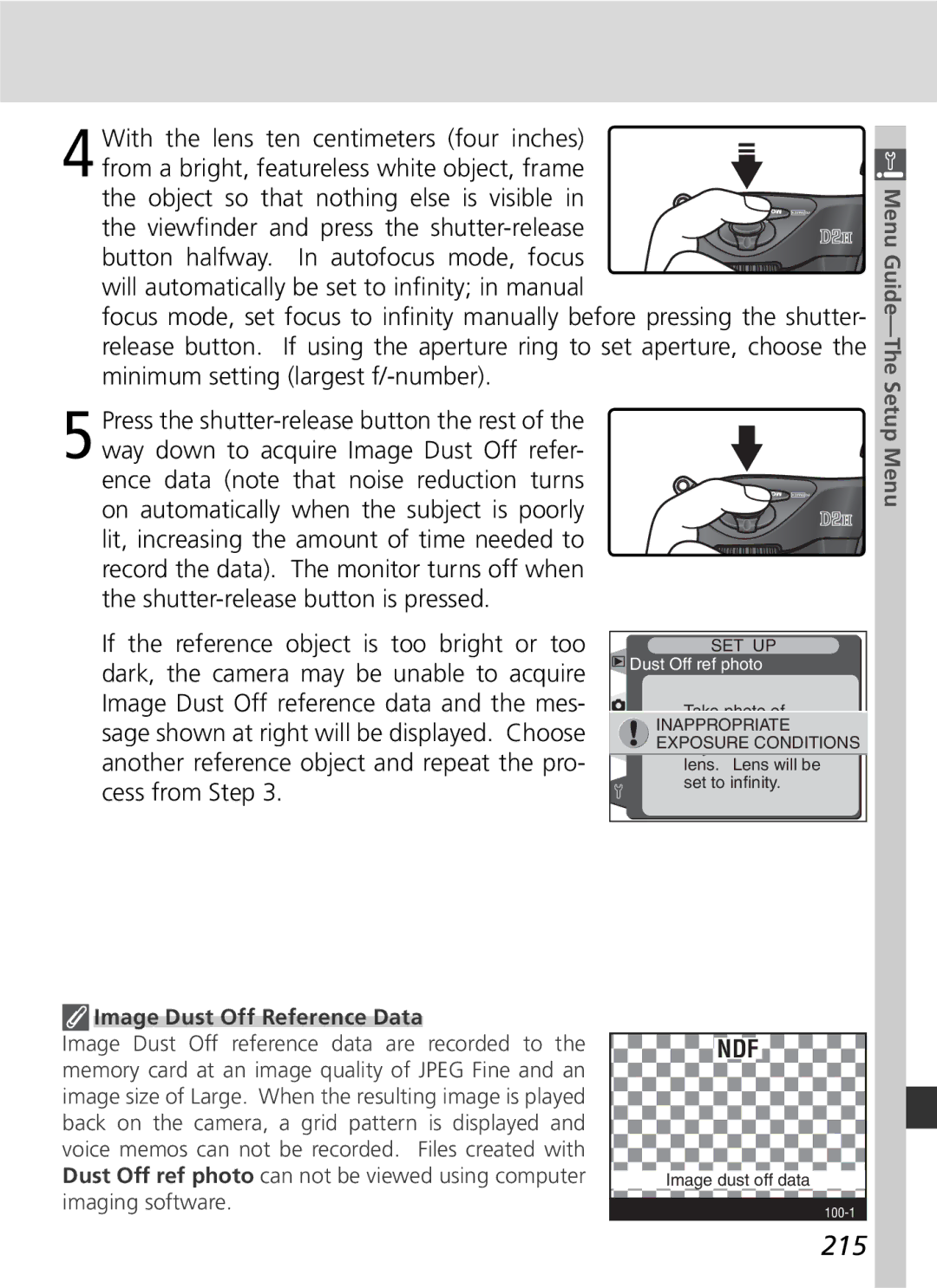 Nikon D2H manual 215, With the lens ten centimeters four inches, Image Dust Off Reference Data 