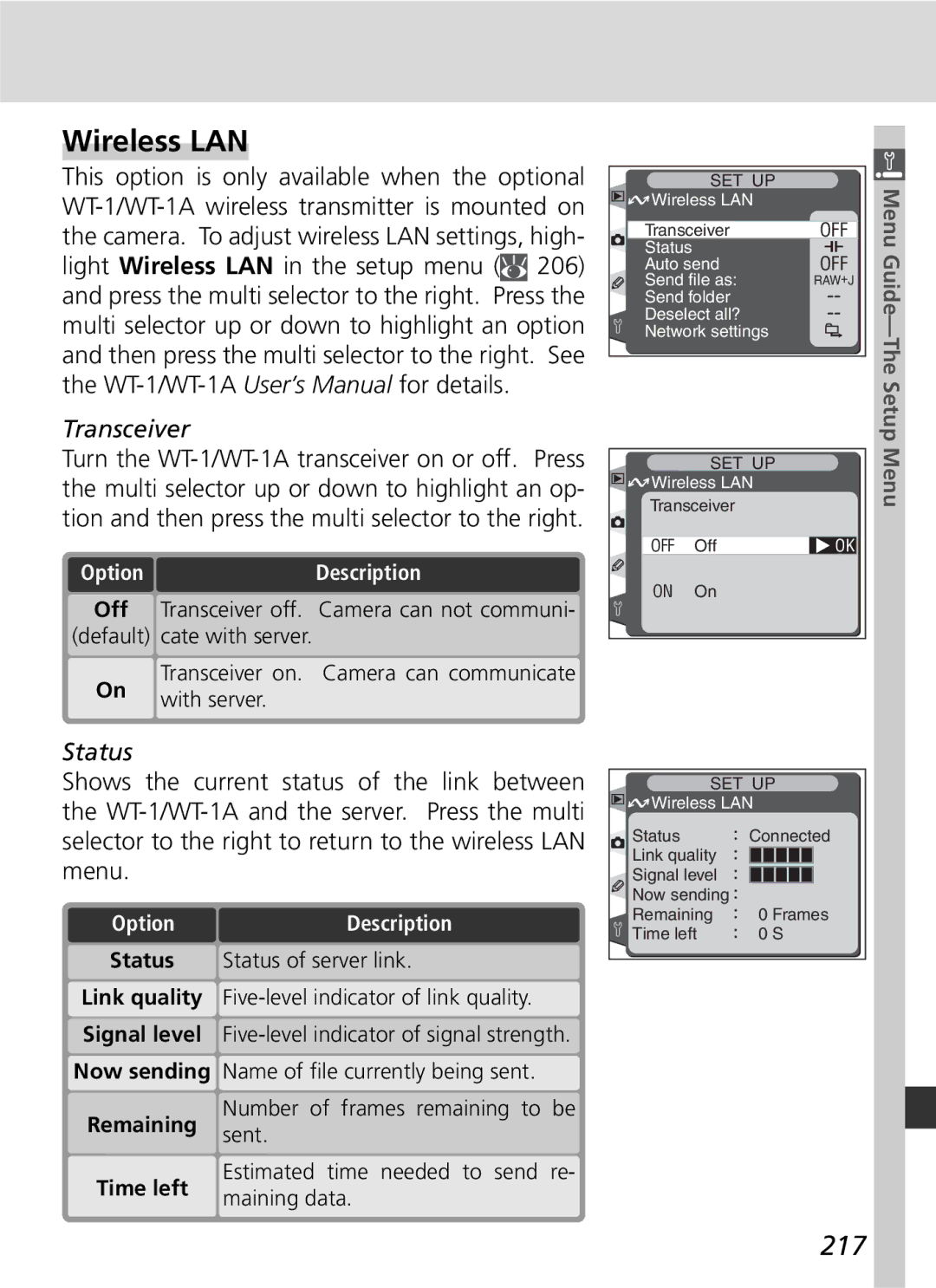 Nikon D2H manual Wireless LAN, 217, Transceiver, Status 