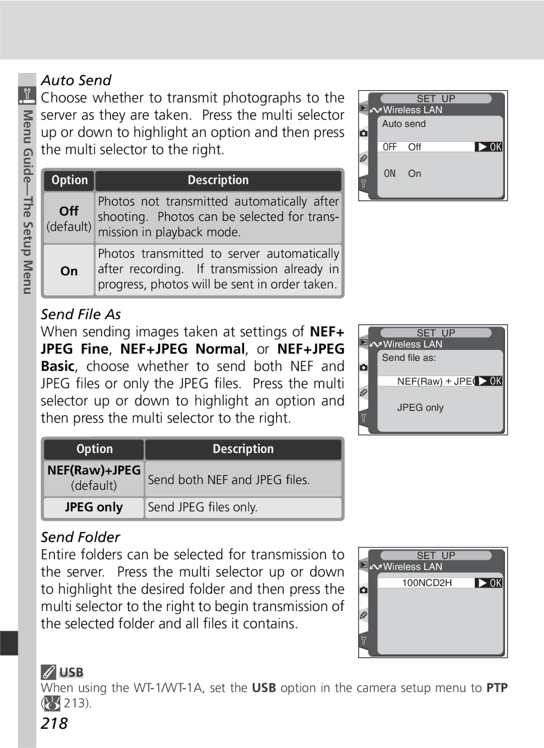 Nikon D2H manual 218, Auto Send, Send File As, Send Folder, Send Jpeg ﬁles only 