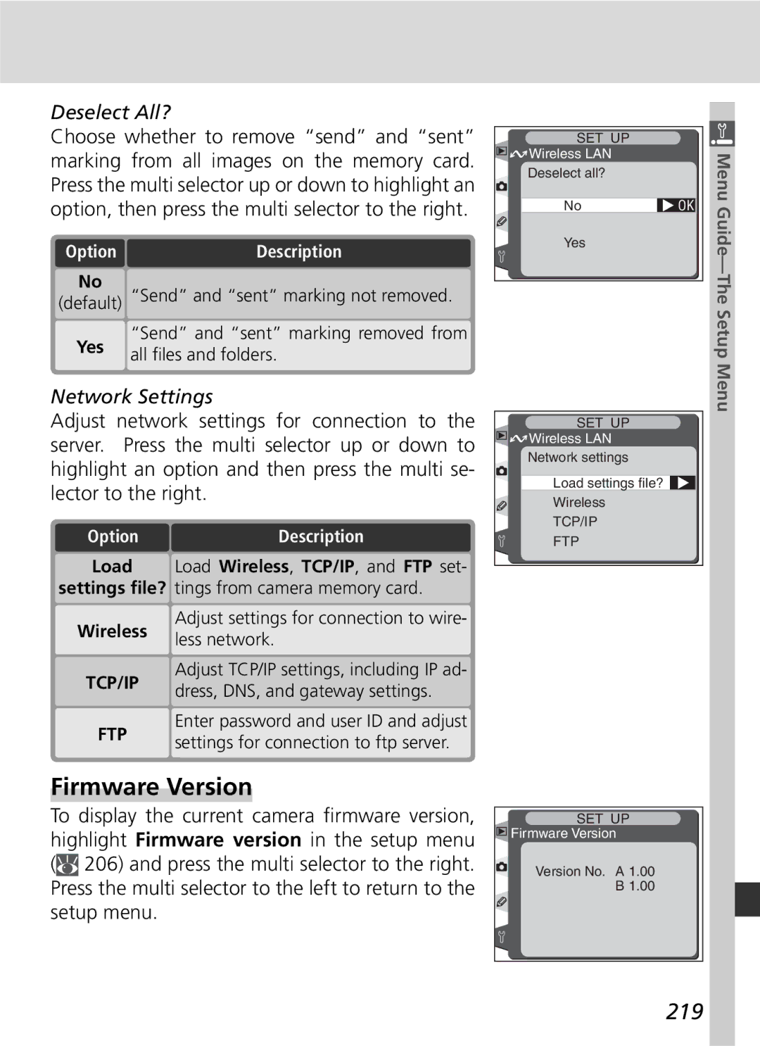 Nikon D2H manual Firmware Version, 219, Deselect All?, Network Settings 