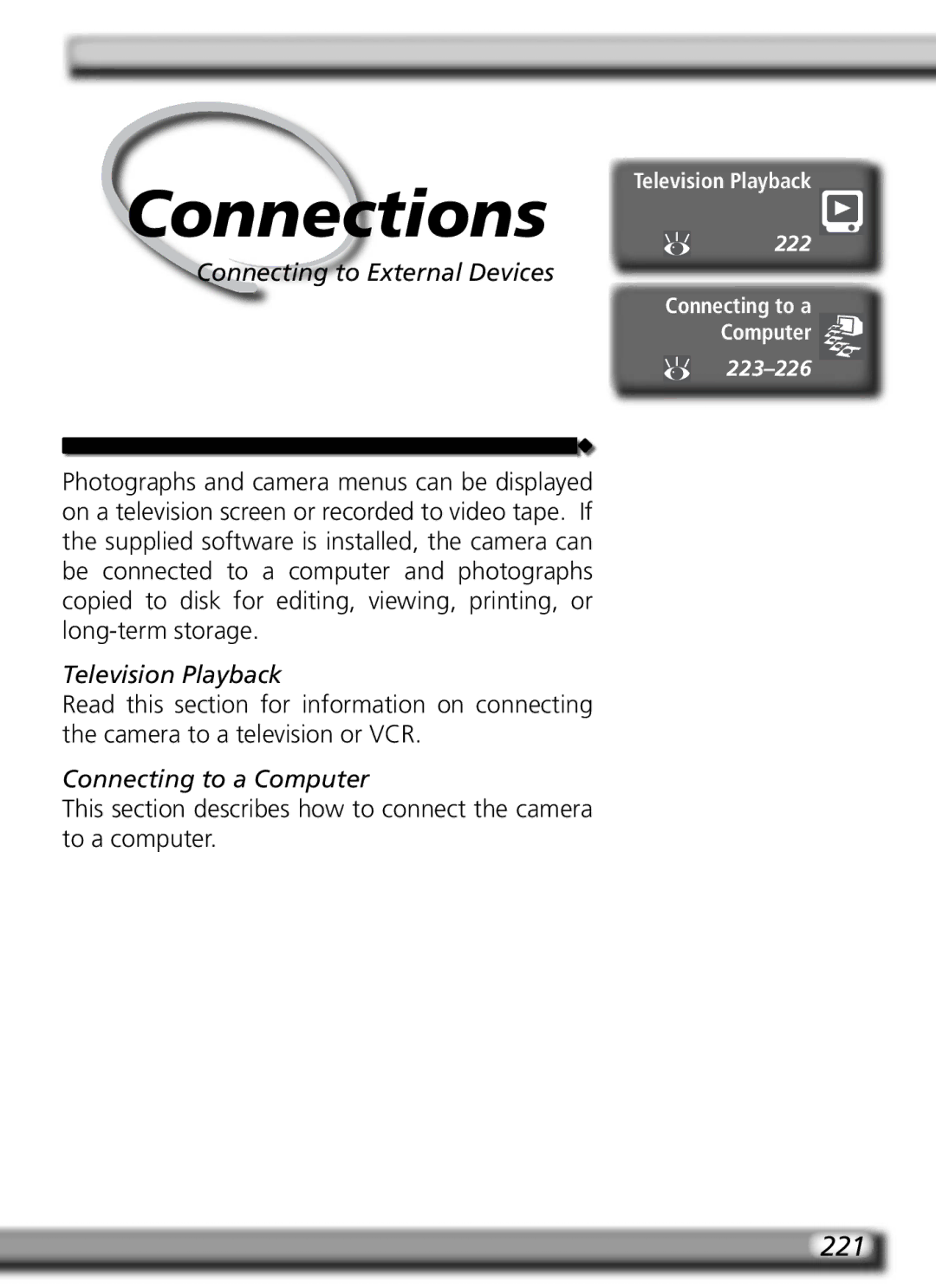 Nikon D2H manual 221, Connecting to External Devices, Television Playback, Connecting to a Computer 