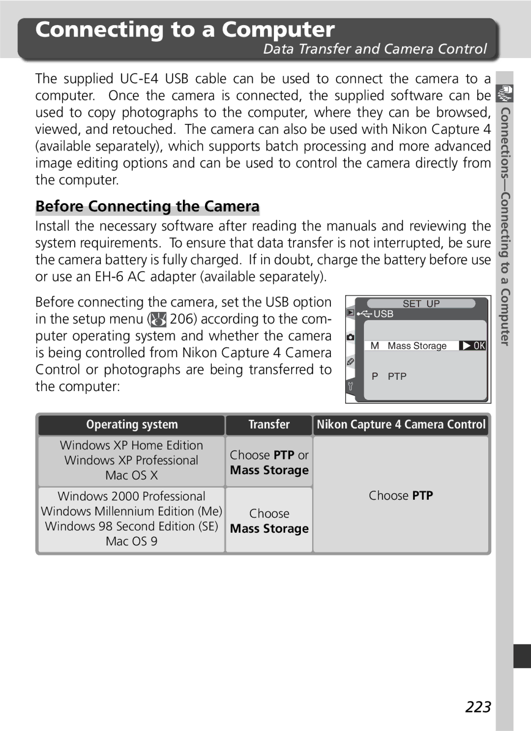 Nikon D2H manual Connecting to a Computer, Before Connecting the Camera, 223, Data Transfer and Camera Control 