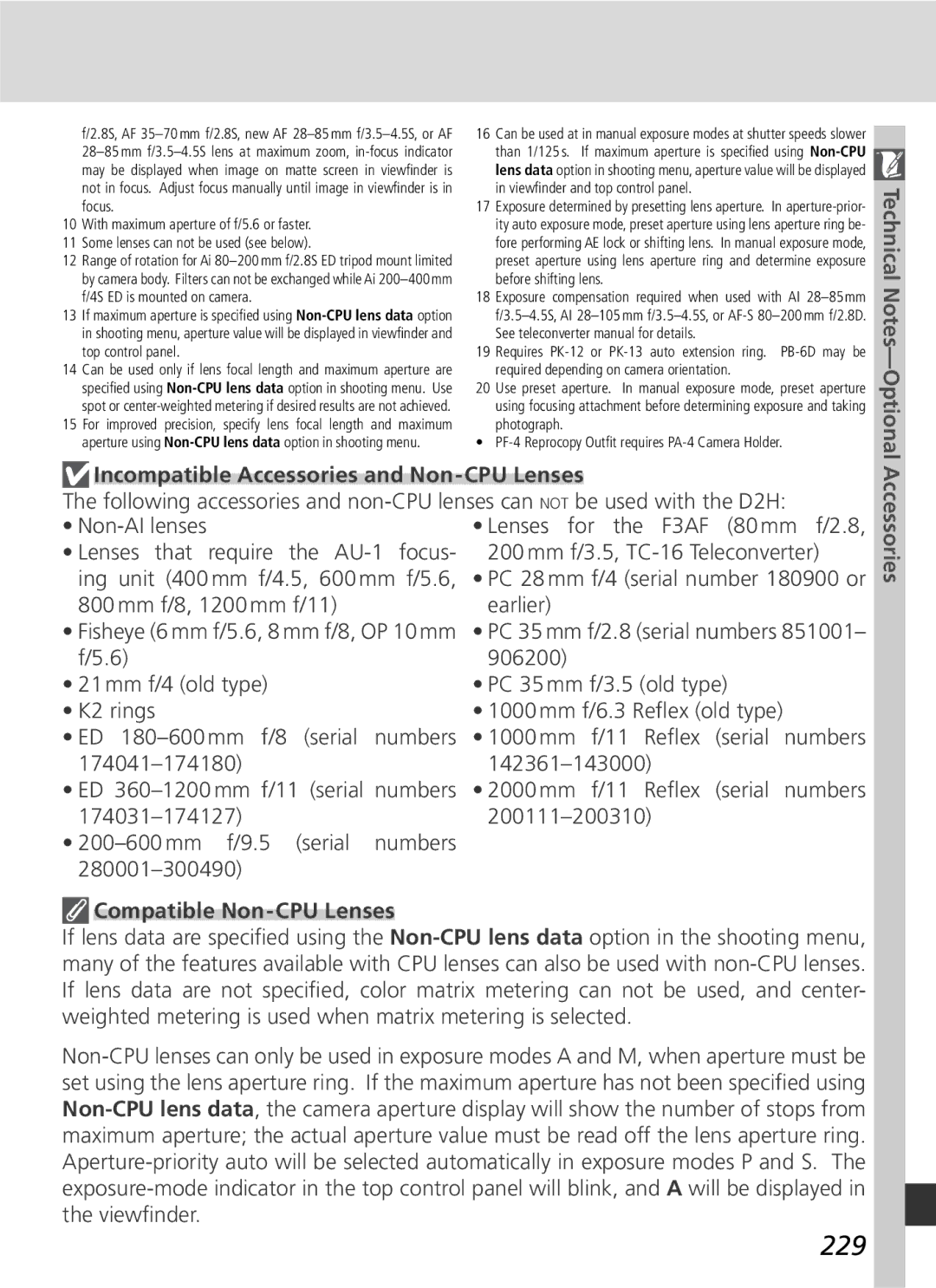 Nikon D2H manual 229, Incompatible Accessories and Non-CPU Lenses, Compatible Non-CPU Lenses 