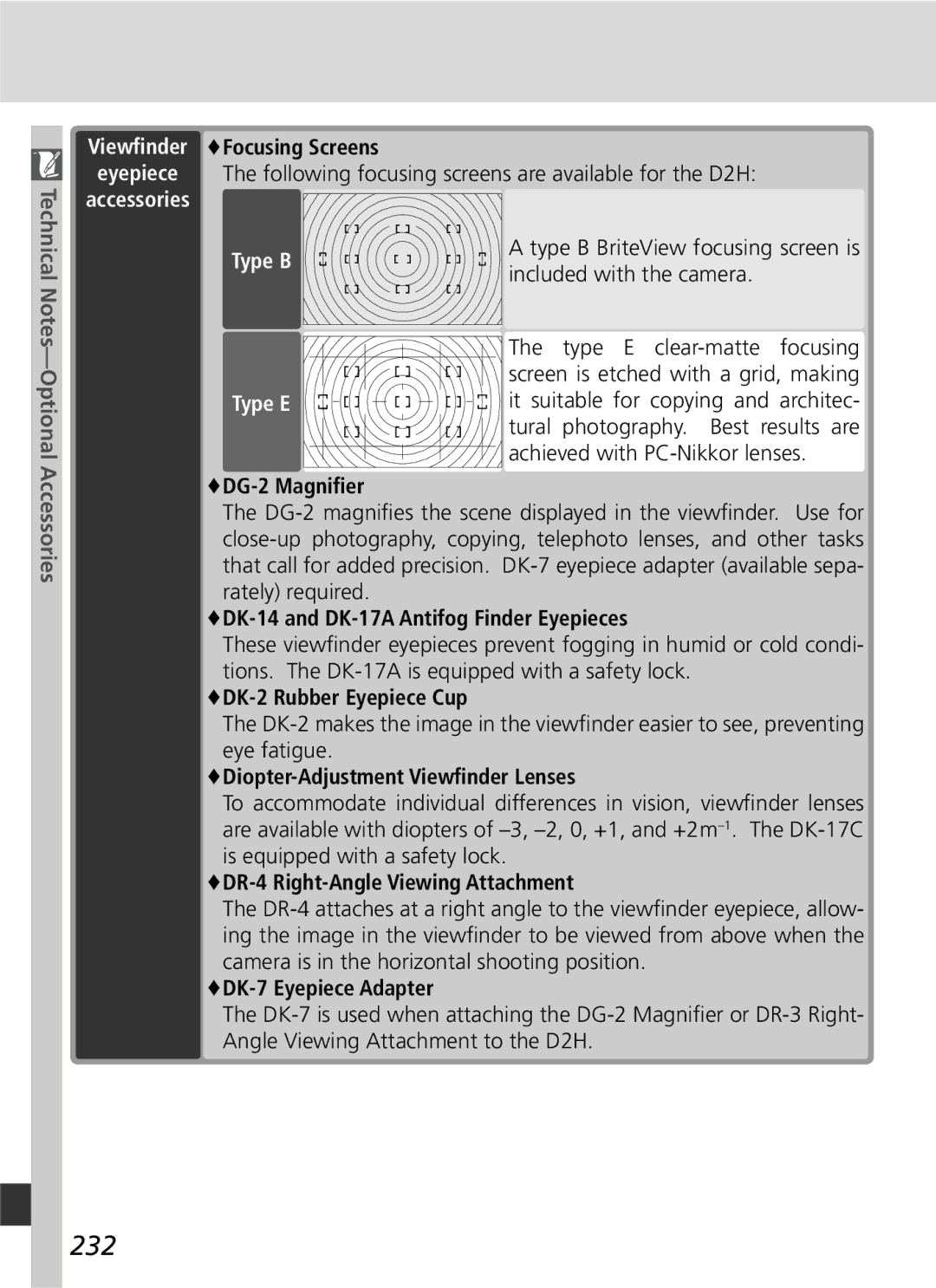 Nikon D2H manual 232, Accessories Type B, Type E 