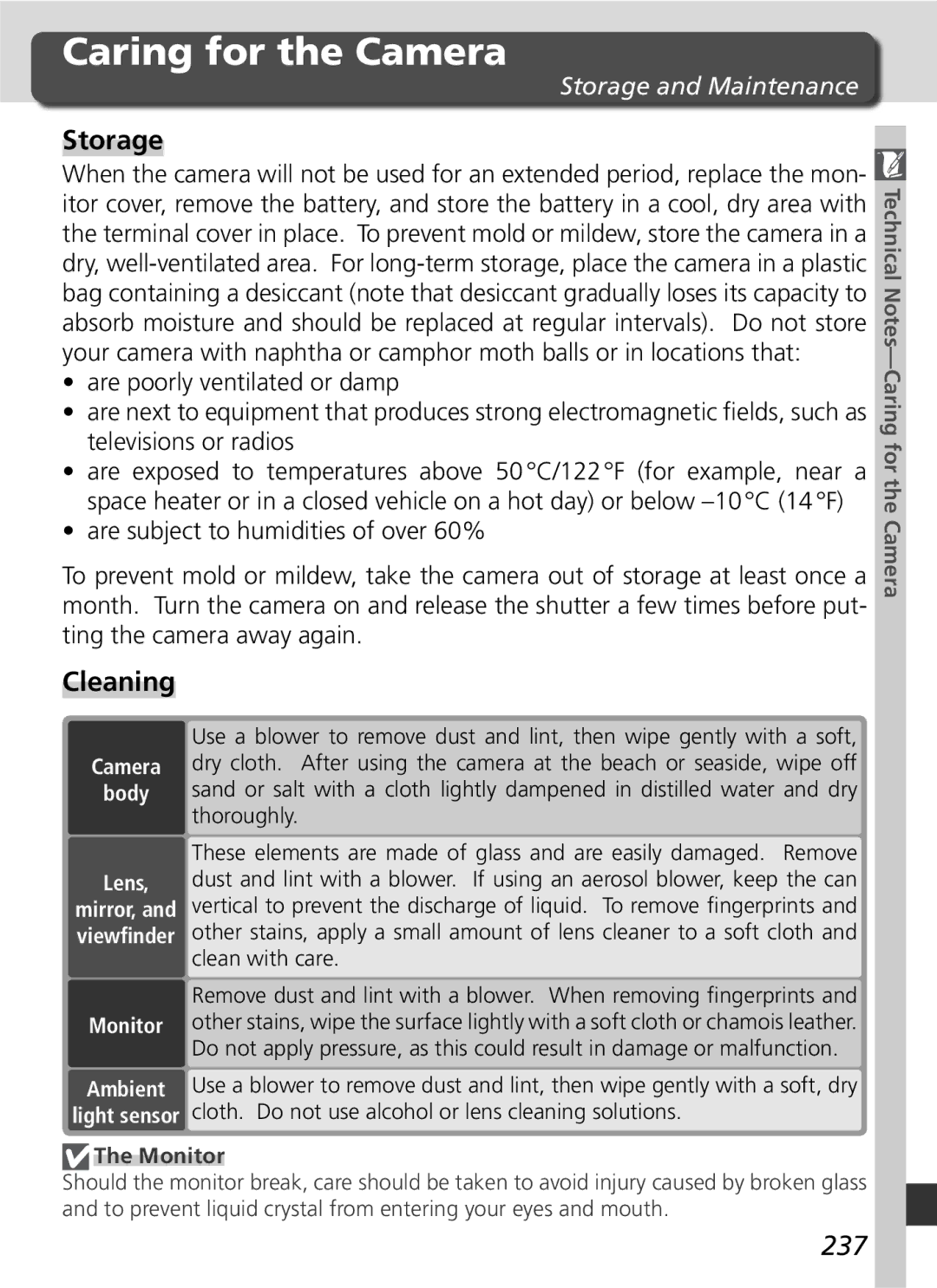 Nikon D2H manual Caring for the Camera, Cleaning, 237, Storage and Maintenance 