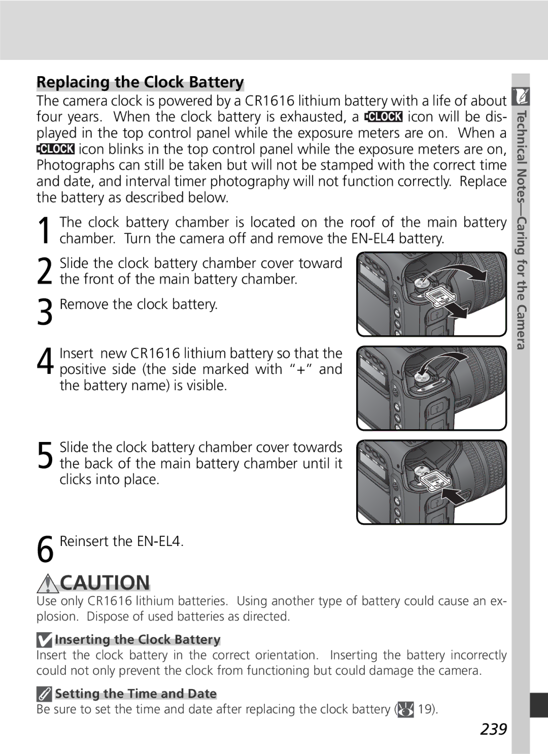 Nikon D2H manual Replacing the Clock Battery, 239, Inserting the Clock Battery, Setting the Time and Date 