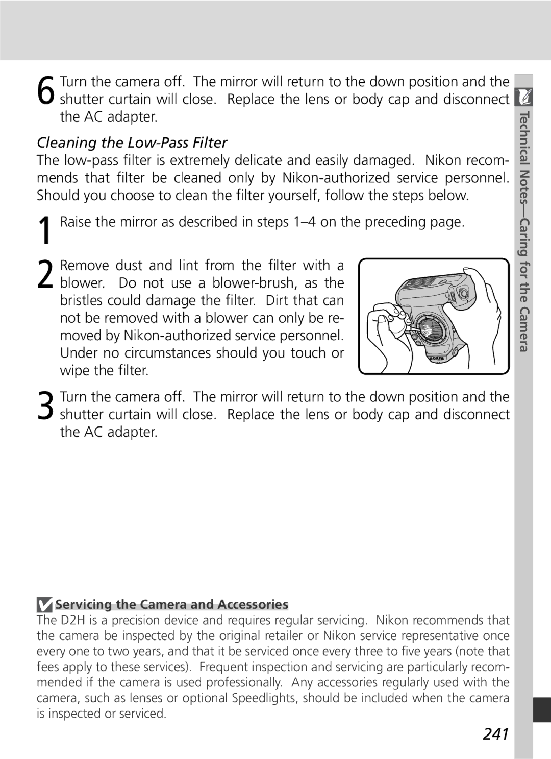 Nikon D2H manual 241, Cleaning the Low-Pass Filter, Servicing the Camera and Accessories 