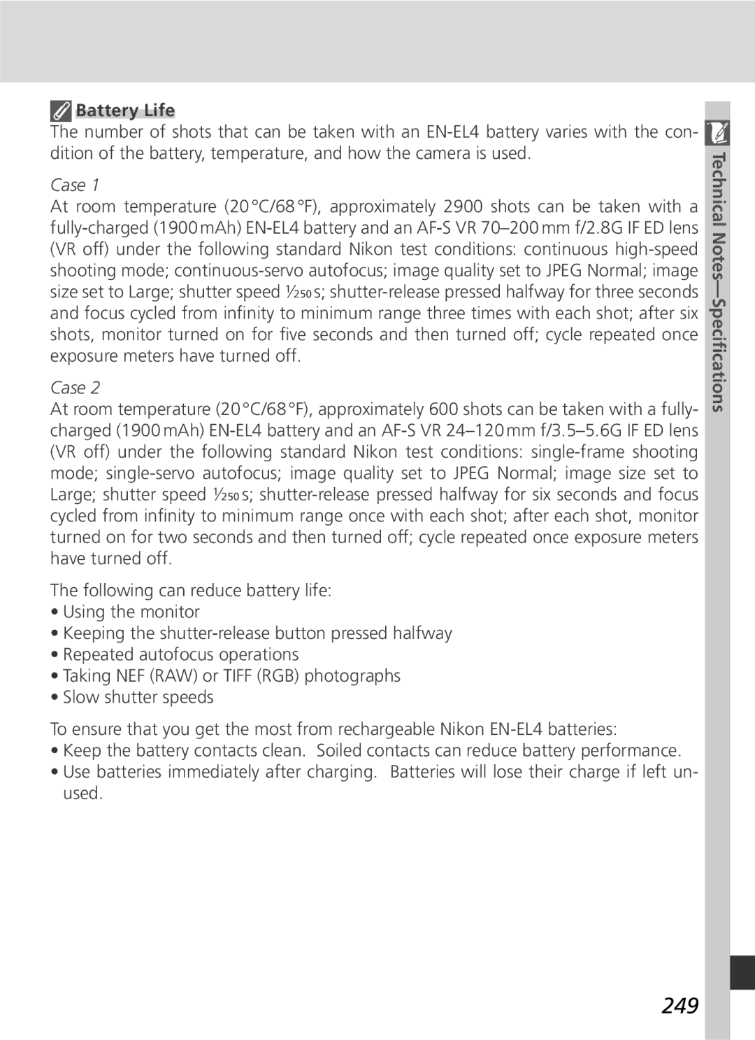 Nikon D2H manual 249, Battery Life 