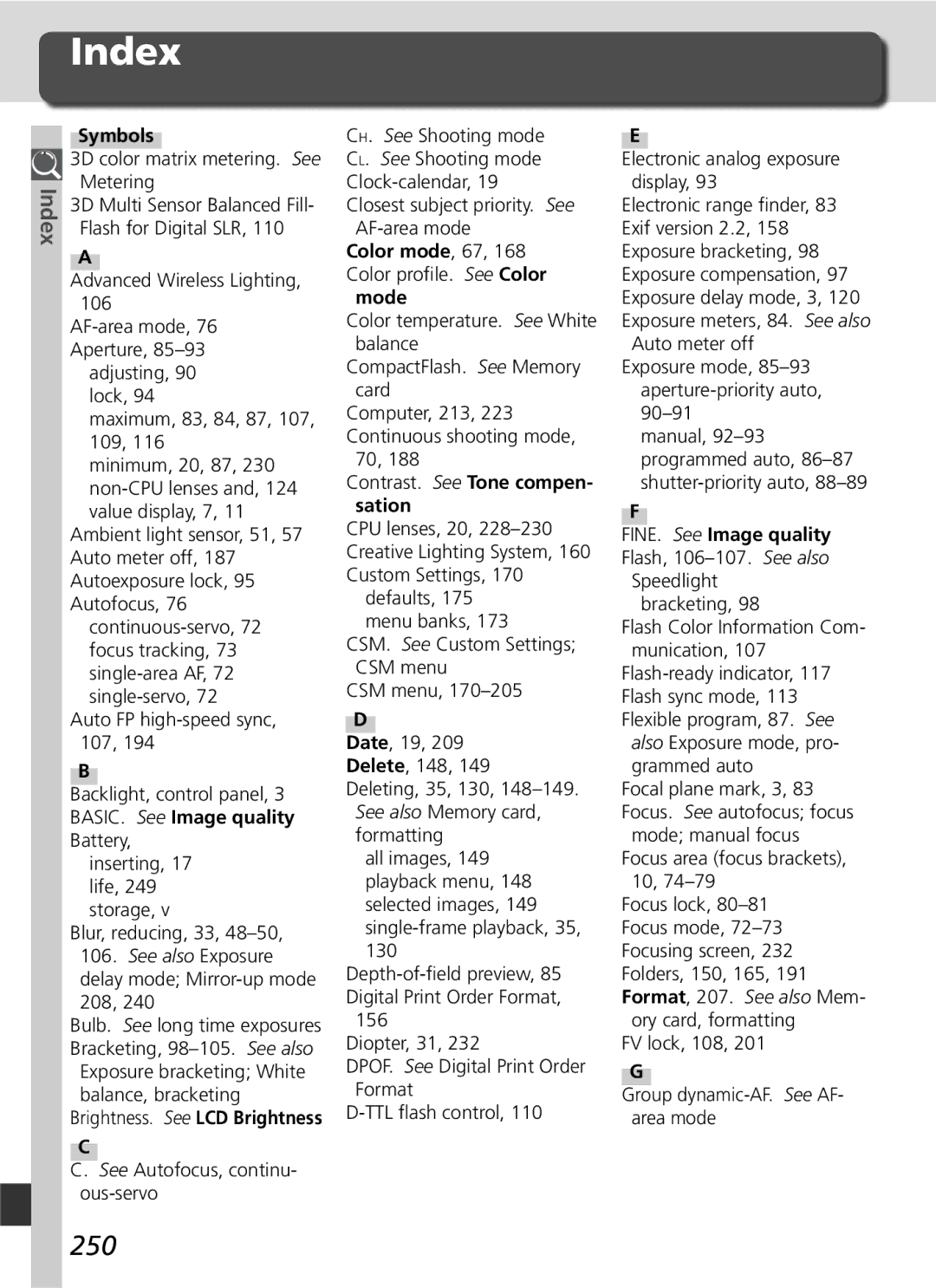 Nikon D2H manual Index, 250 