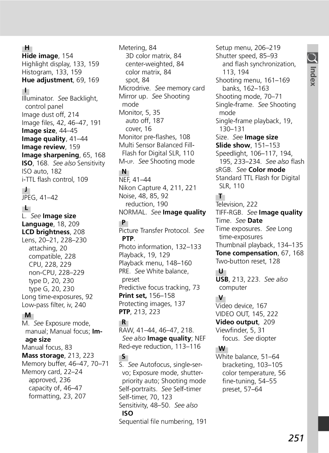 Nikon D2H manual 251, Reduction, 190 NORMAL. See Image quality 