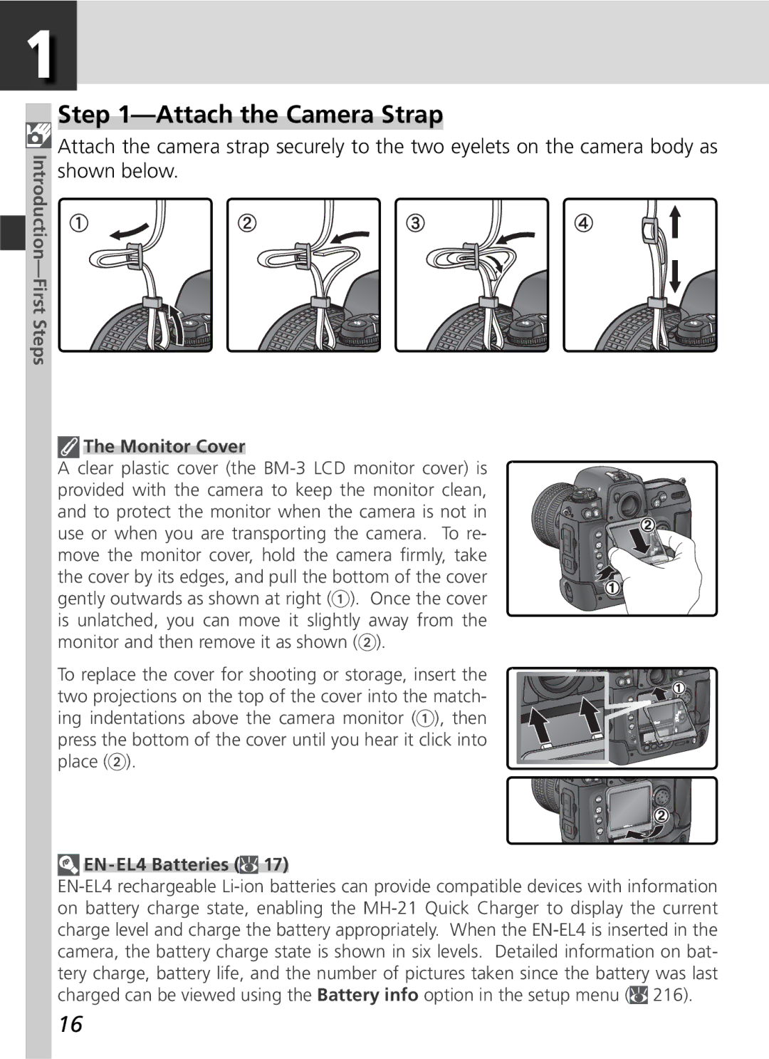 Nikon D2H manual Attach the Camera Strap, Monitor Cover, EN-EL4 Batteries 