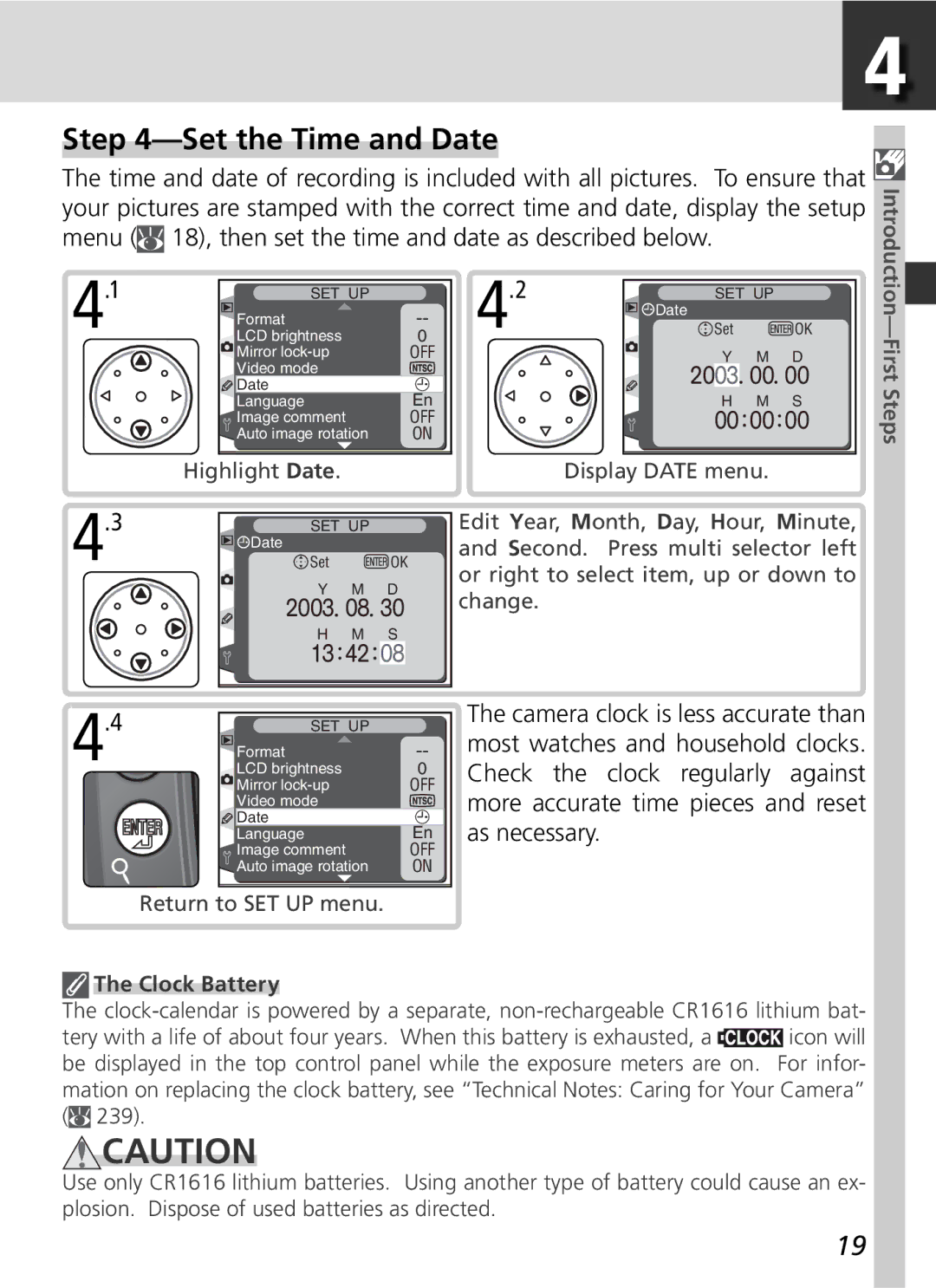 Nikon D2H manual Set the Time and Date, Clock Battery 