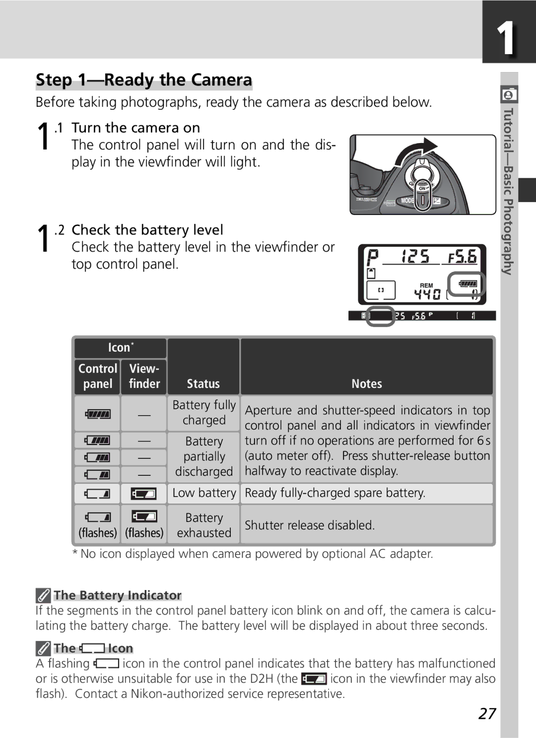 Nikon D2H manual Ready the Camera, Icon Control View, Battery Indicator 