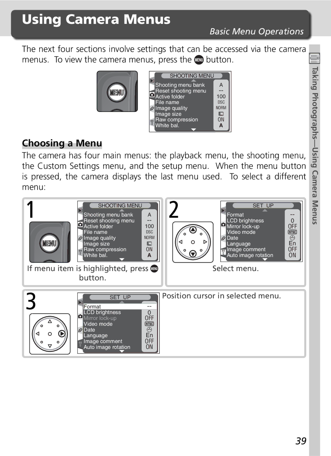 Nikon D2H manual Choosing a Menu, Basic Menu Operations, Taking Photographs-Using Camera Menus 