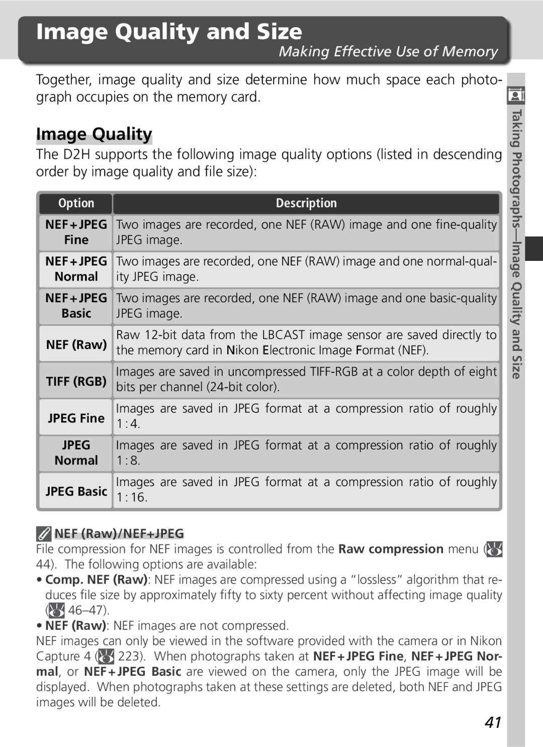 Nikon D2H manual Making Effective Use of Memory, Option, Taking Photographs-Image Quality and Size 