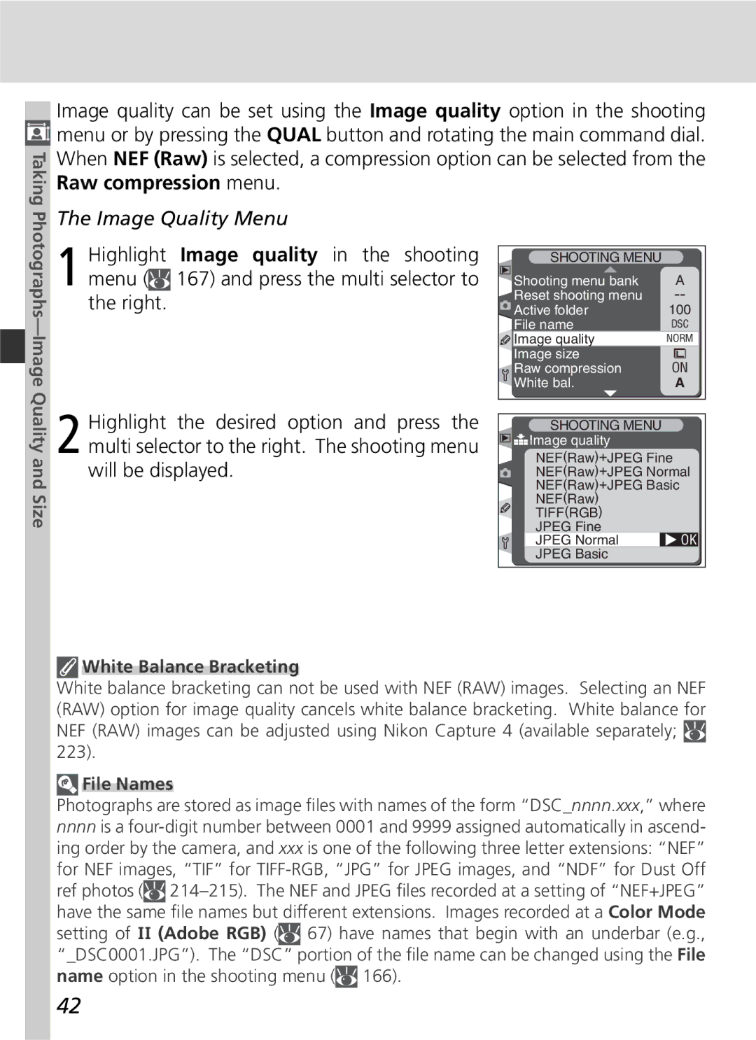 Nikon D2H manual Image Quality Menu, Photographs-Image Quality and Size, White Balance Bracketing, File Names 