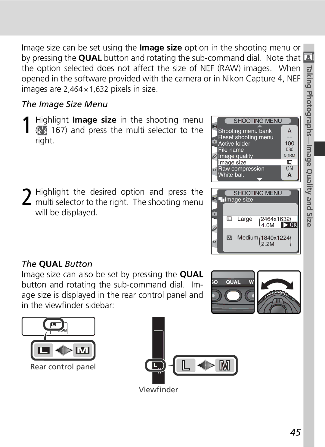 Nikon D2H manual Image Size Menu, Highlight Image size in the shooting menu, Press the multi selector to, Right 