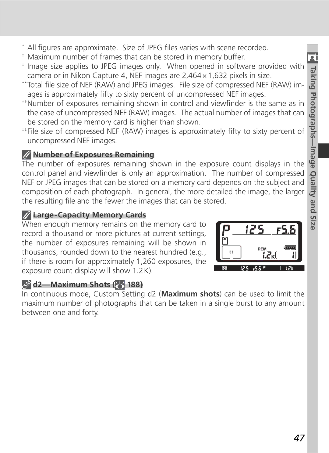 Nikon D2H manual Number of Exposures Remaining, Large-Capacity Memory Cards, D2-Maximum Shots 