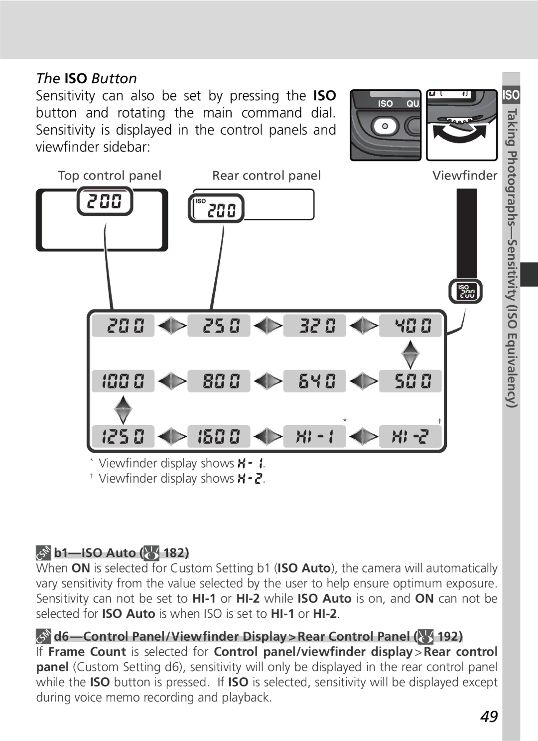 Nikon D2H manual ISO Button, B1-ISO Auto, Taking Photographs-Sensitivity ISO Equivalency 