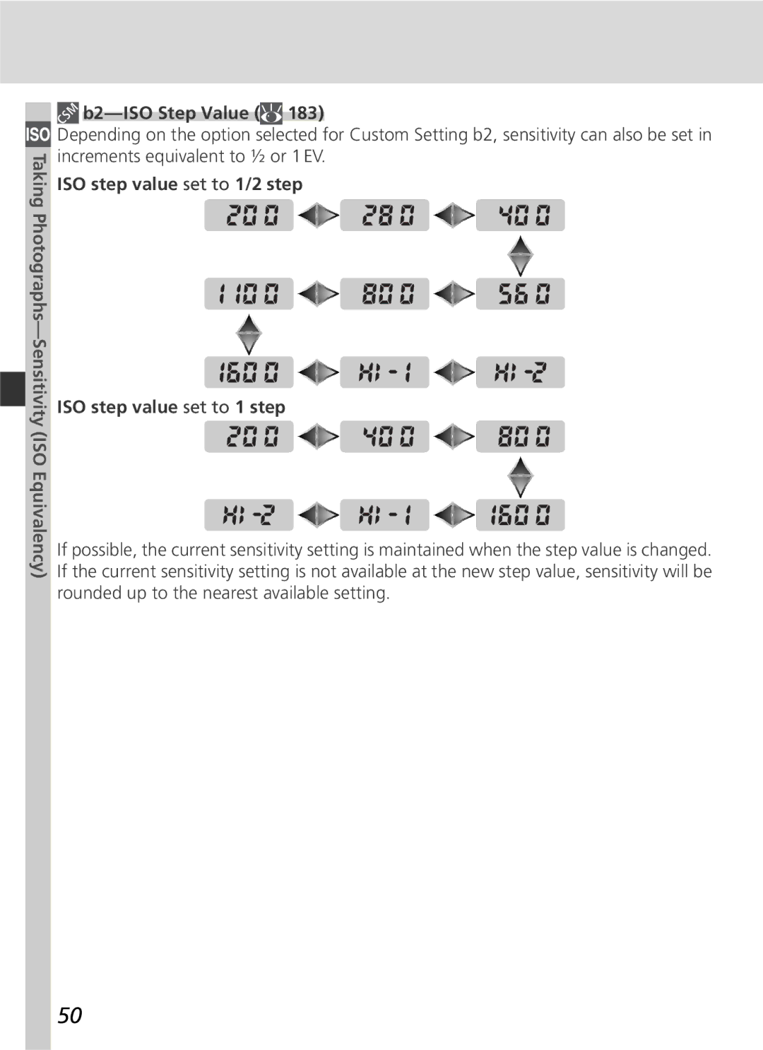 Nikon D2H manual B2-ISO Step Value, ISO step value set to 1/2 step ISO step value set to 1 step 