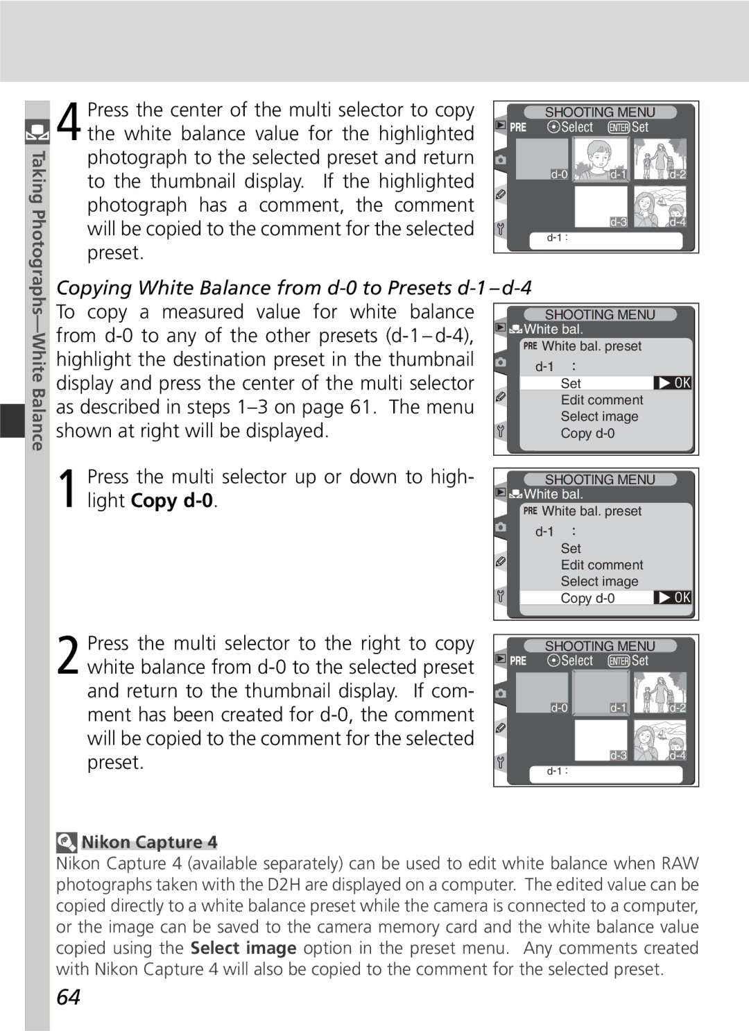 Nikon D2H manual Copying White Balance from d-0 to Presets d-1 d-4 