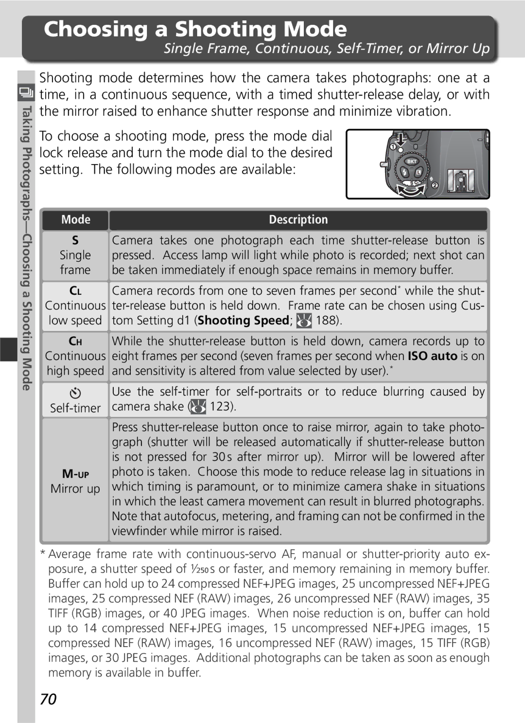 Nikon D2H manual Choosing a Shooting Mode, Single Frame, Continuous, Self-Timer, or Mirror Up 