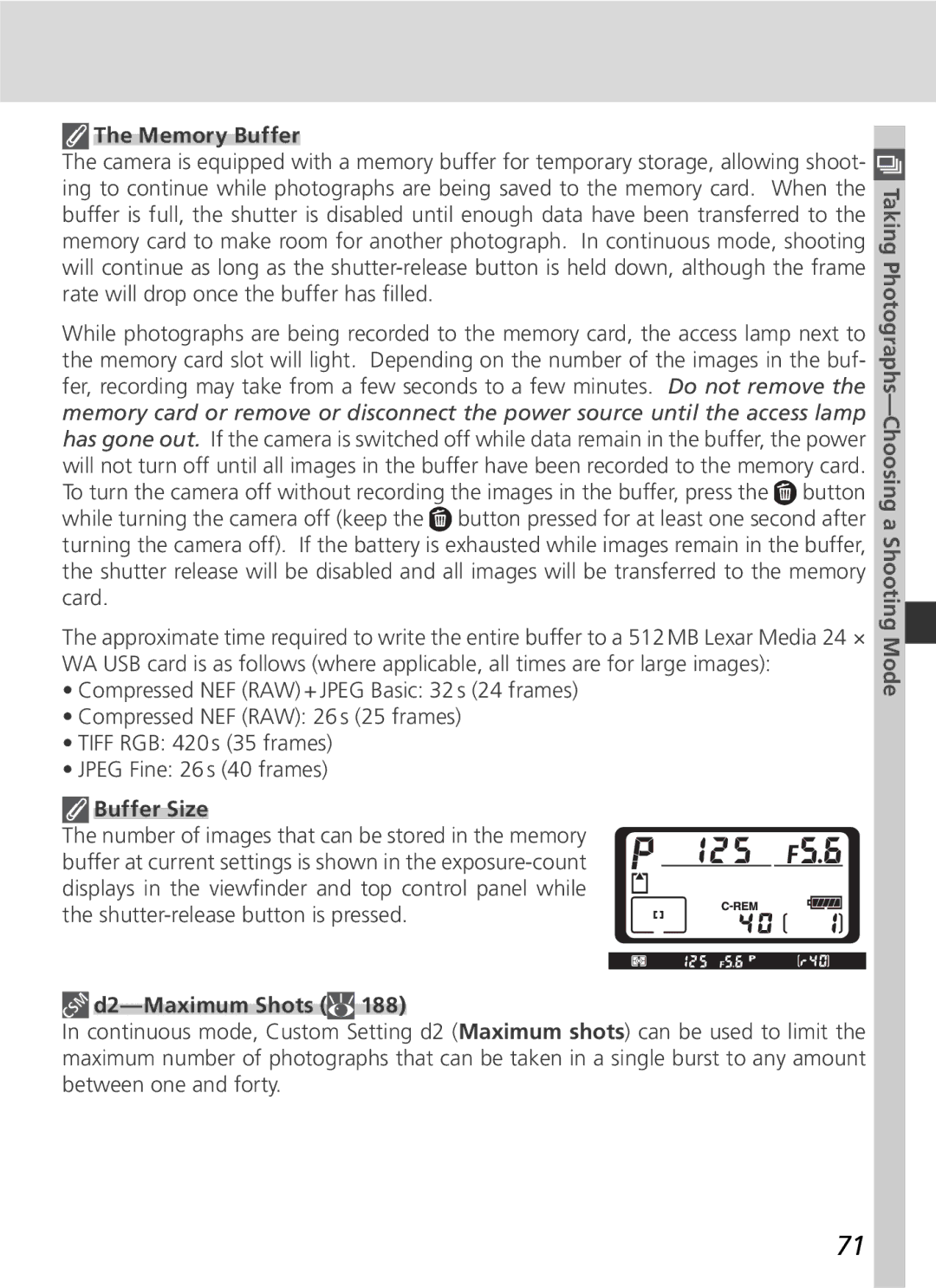 Nikon D2H manual Memory Buffer, Buffer Size, Taking Photographs-Choosing a Shooting Mode 