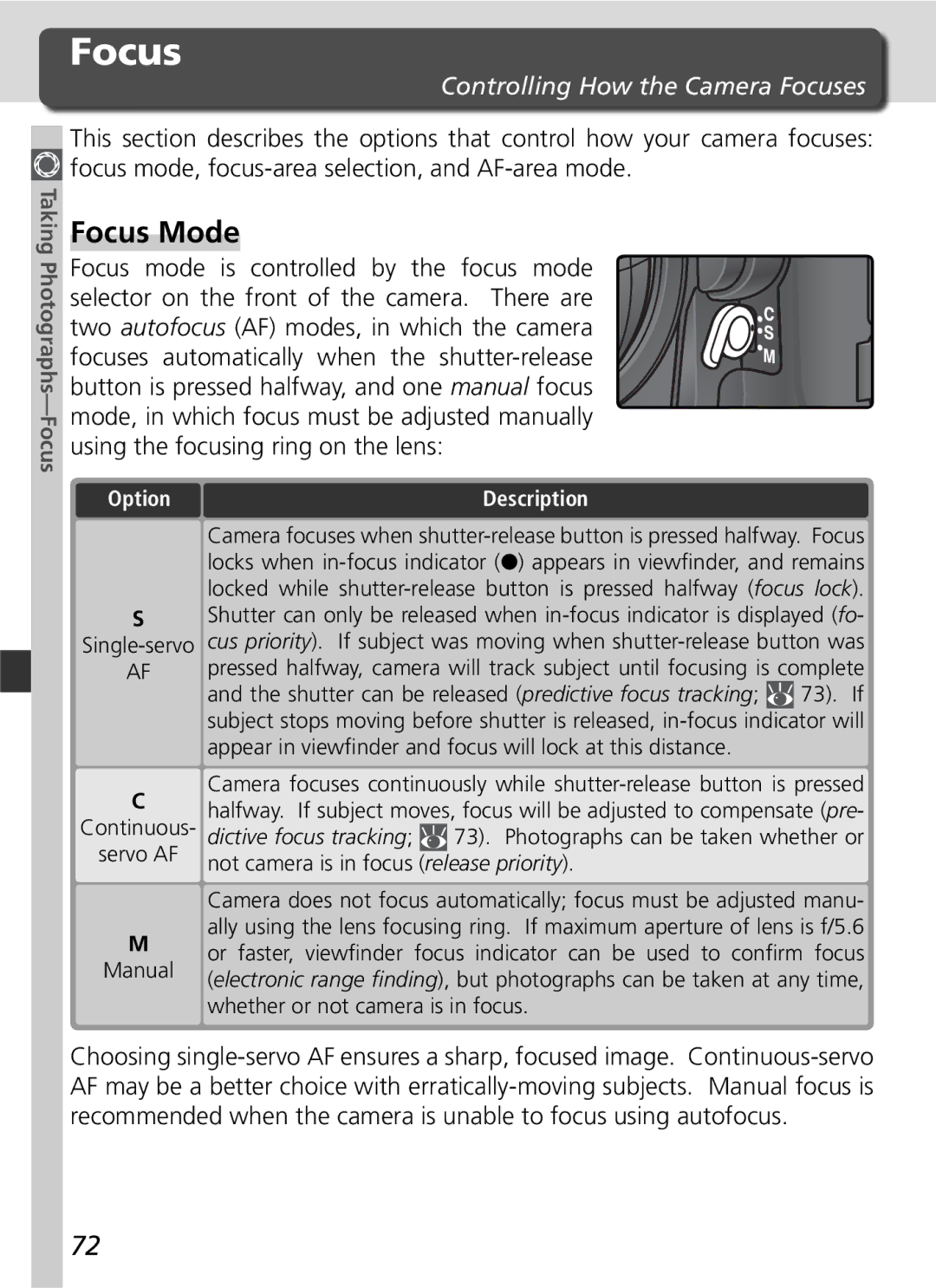 Nikon D2H manual Focus Mode, Controlling How the Camera Focuses, Servo AF, Whether or not camera is in focus 