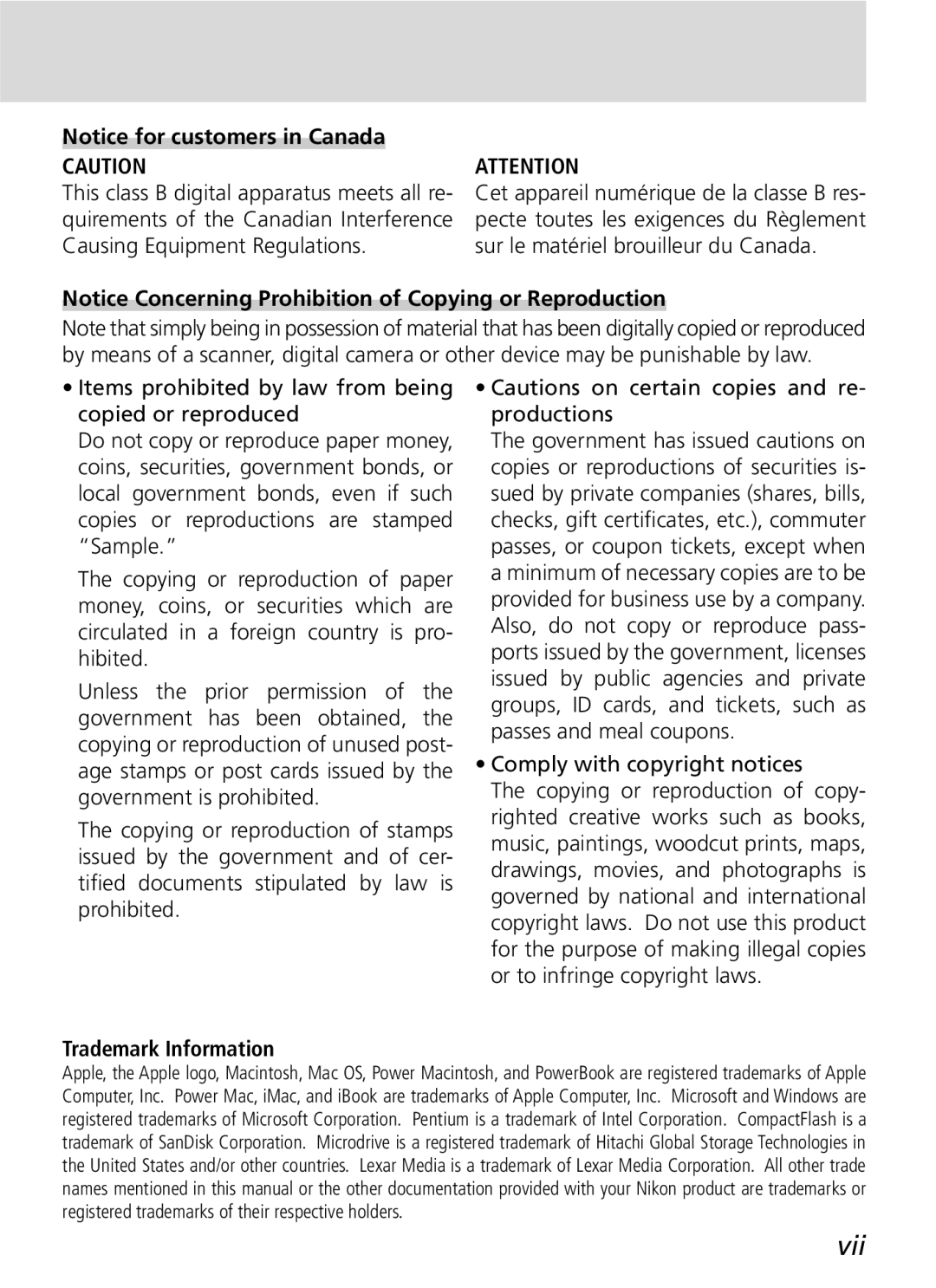 Nikon D2H manual Vii, Comply with copyright notices, Trademark Information 