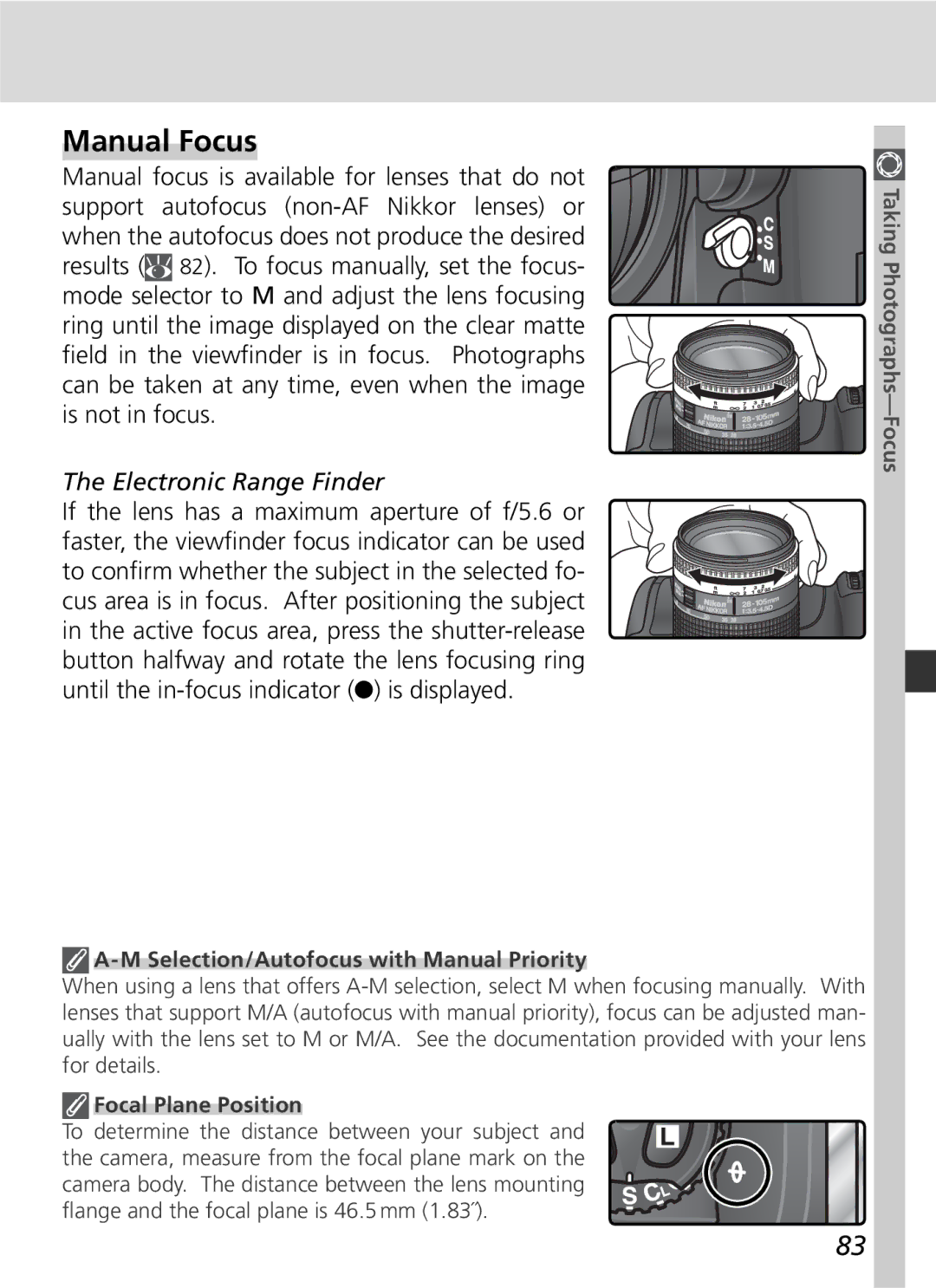 Nikon D2H manual Manual Focus, Electronic Range Finder, Selection/Autofocus with Manual Priority, Focal Plane Position 