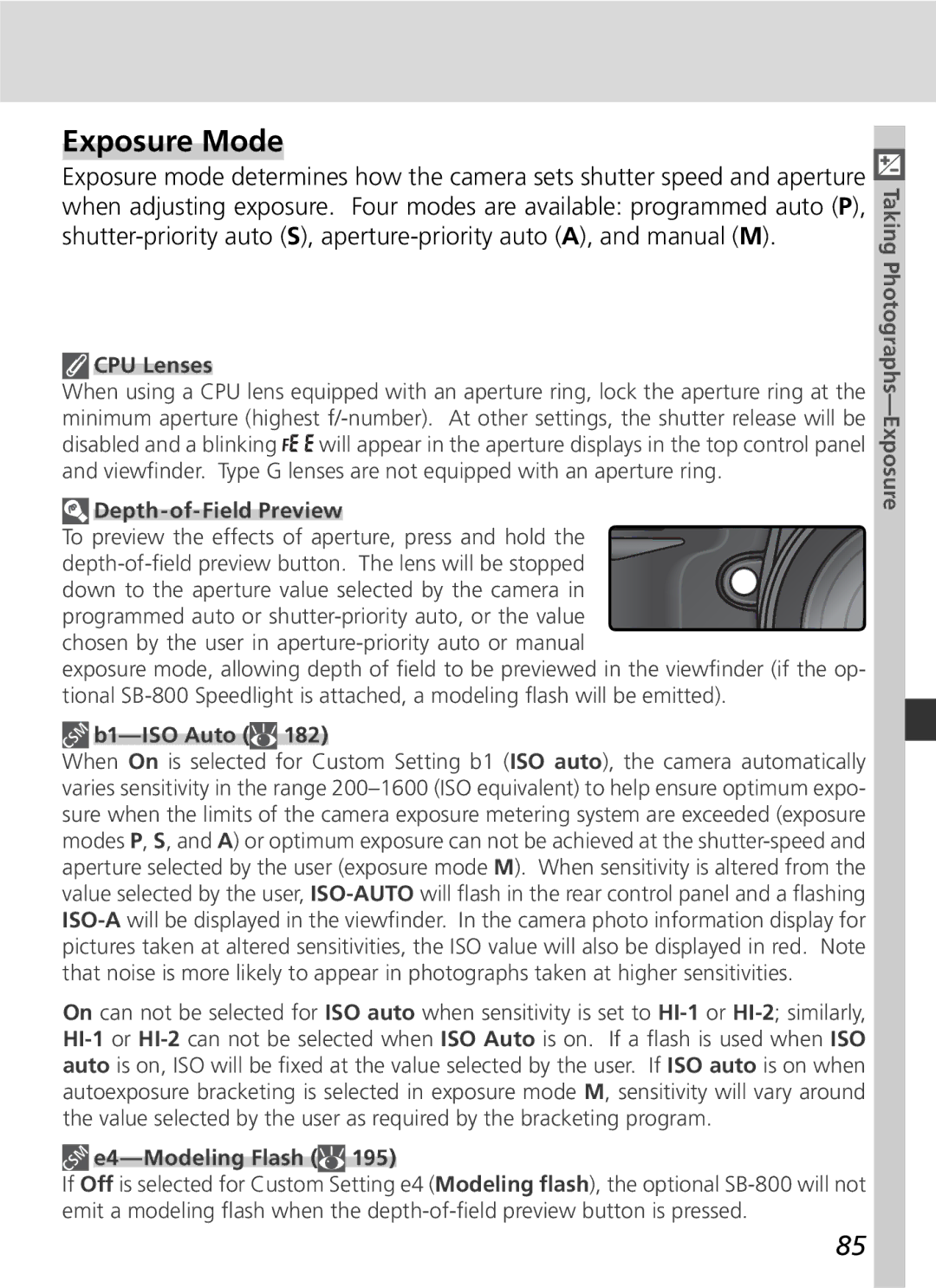 Nikon D2H manual Exposure Mode, CPU Lenses, Depth-of-Field Preview, E4-Modeling Flash 