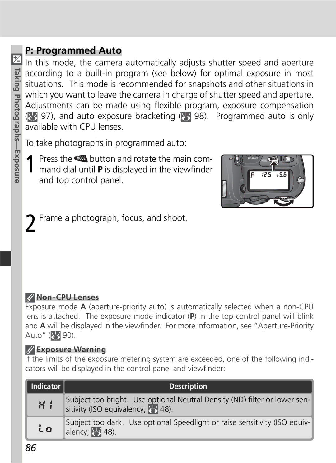 Nikon D2H manual Programmed Auto, Non-CPU Lenses, Exposure Warning 