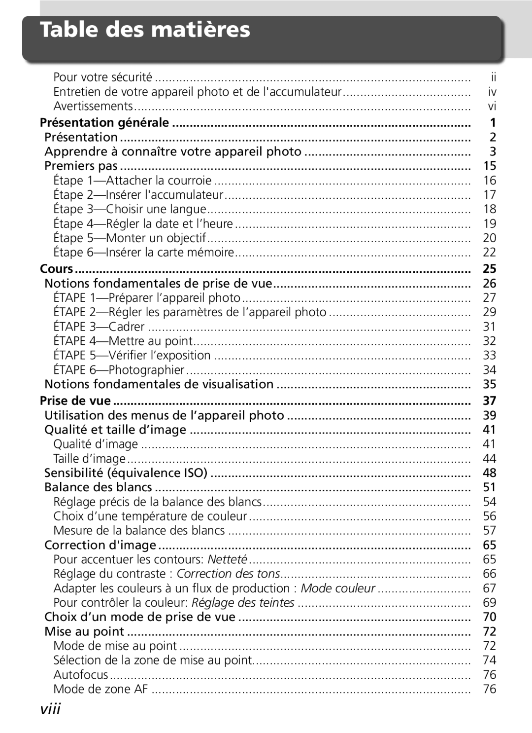 Nikon D2H manual Table des matières, Viii 