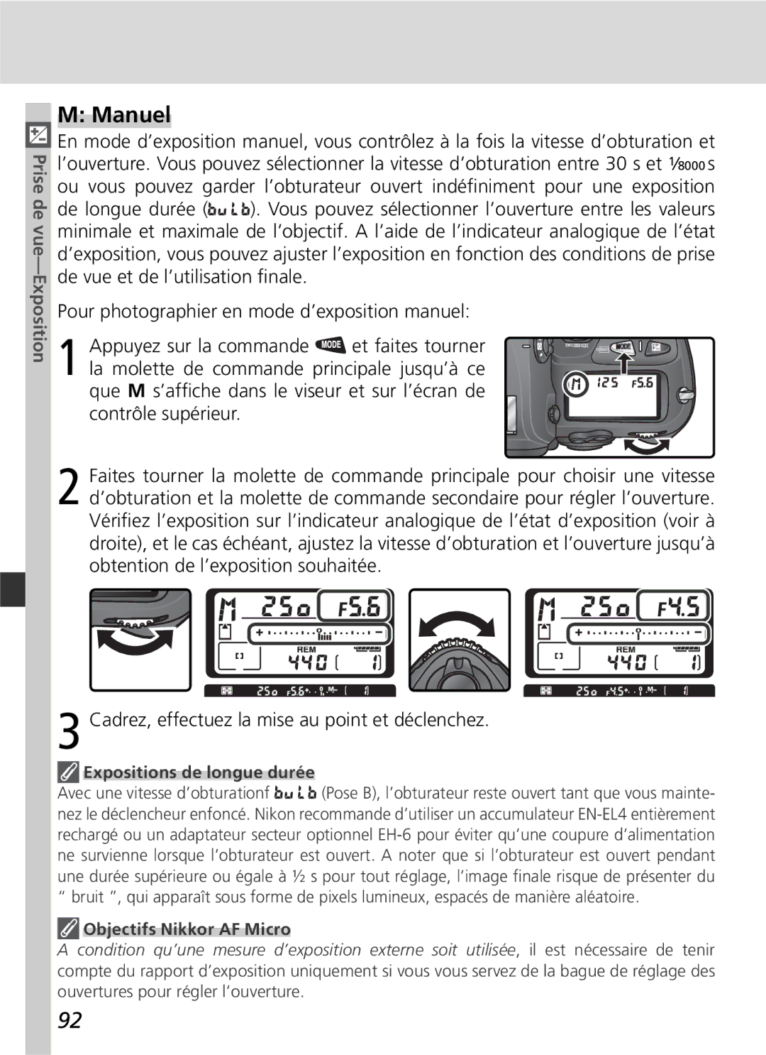 Nikon D2H manual Manuel, Expositions de longue durée, Objectifs Nikkor AF Micro 