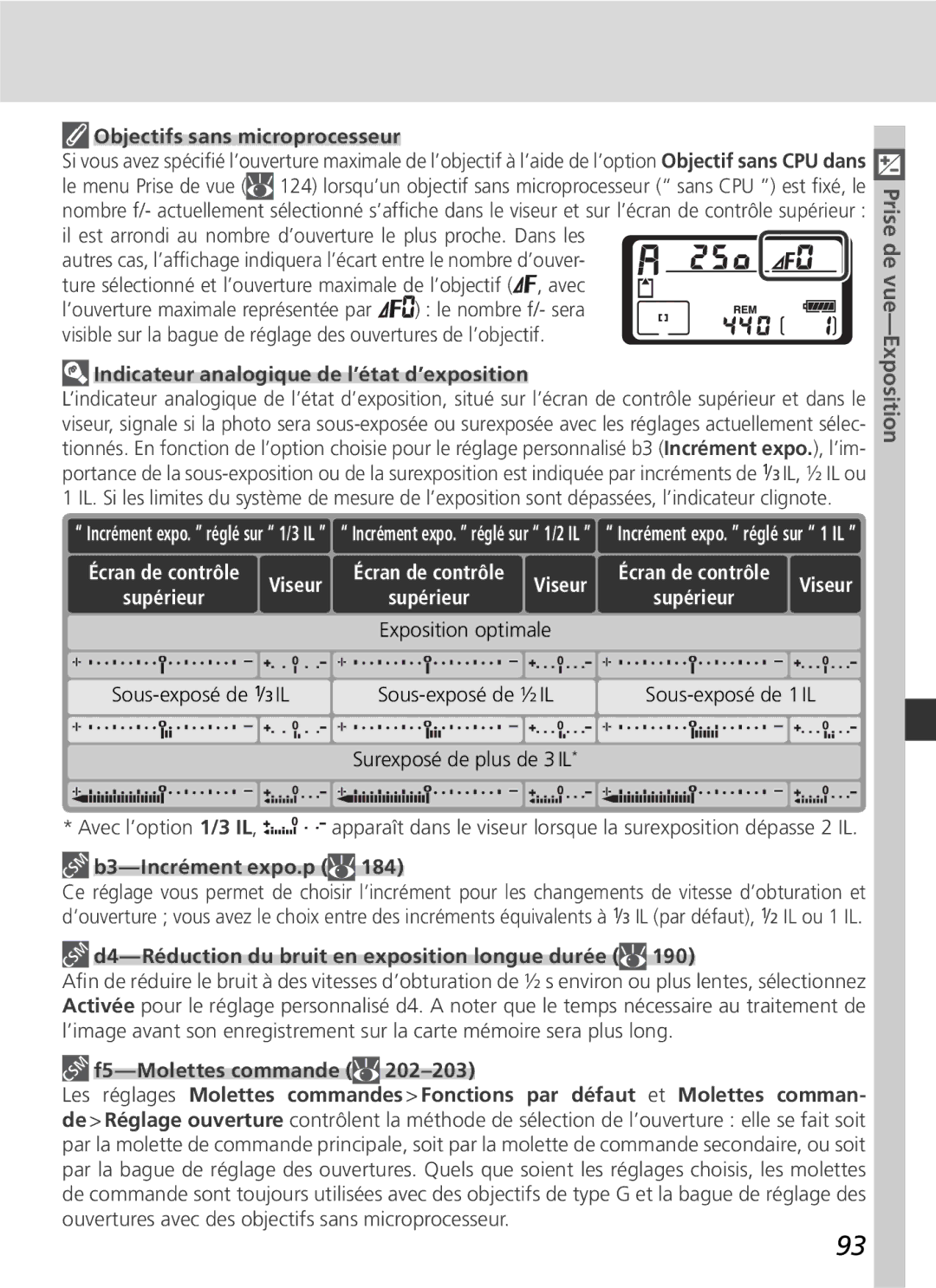 Nikon D2H manual Indicateur analogique de l’état d’exposition, Surexposé de plus de 3 IL, B3-Incrément expo.p 