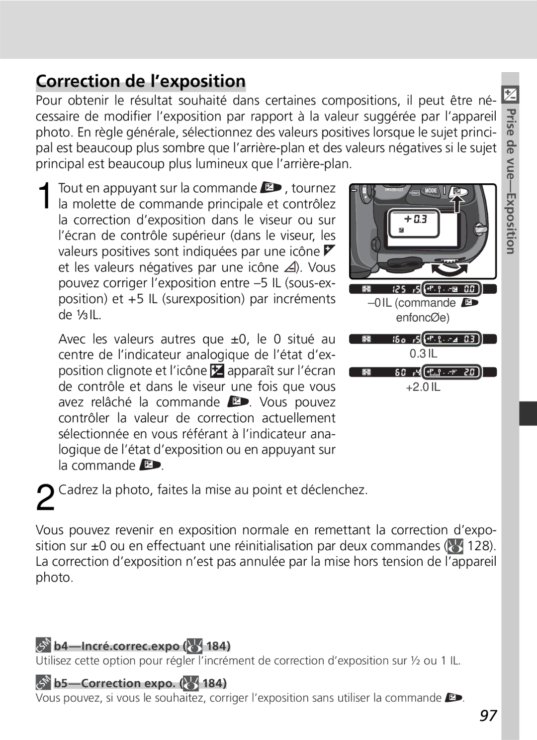 Nikon D2H manual Correction de l’exposition, Apparaît sur l’écran, B4-Incré.correc.expo, B5-Correction expo 