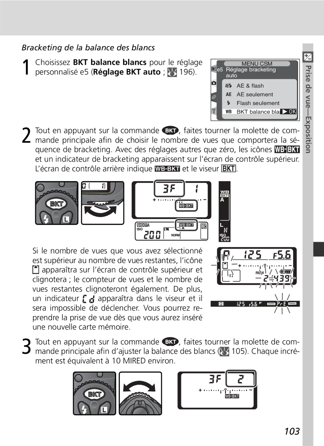 Nikon D2H manual 103, Bracketing de la balance des blancs, Exposition 