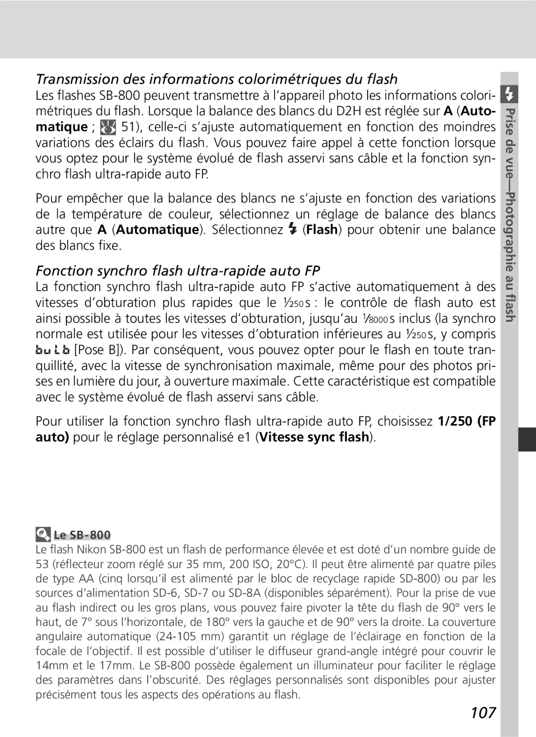 Nikon D2H manual 107, Transmission des informations colorimétriques du ﬂash, Fonction synchro ﬂash ultra-rapide auto FP 