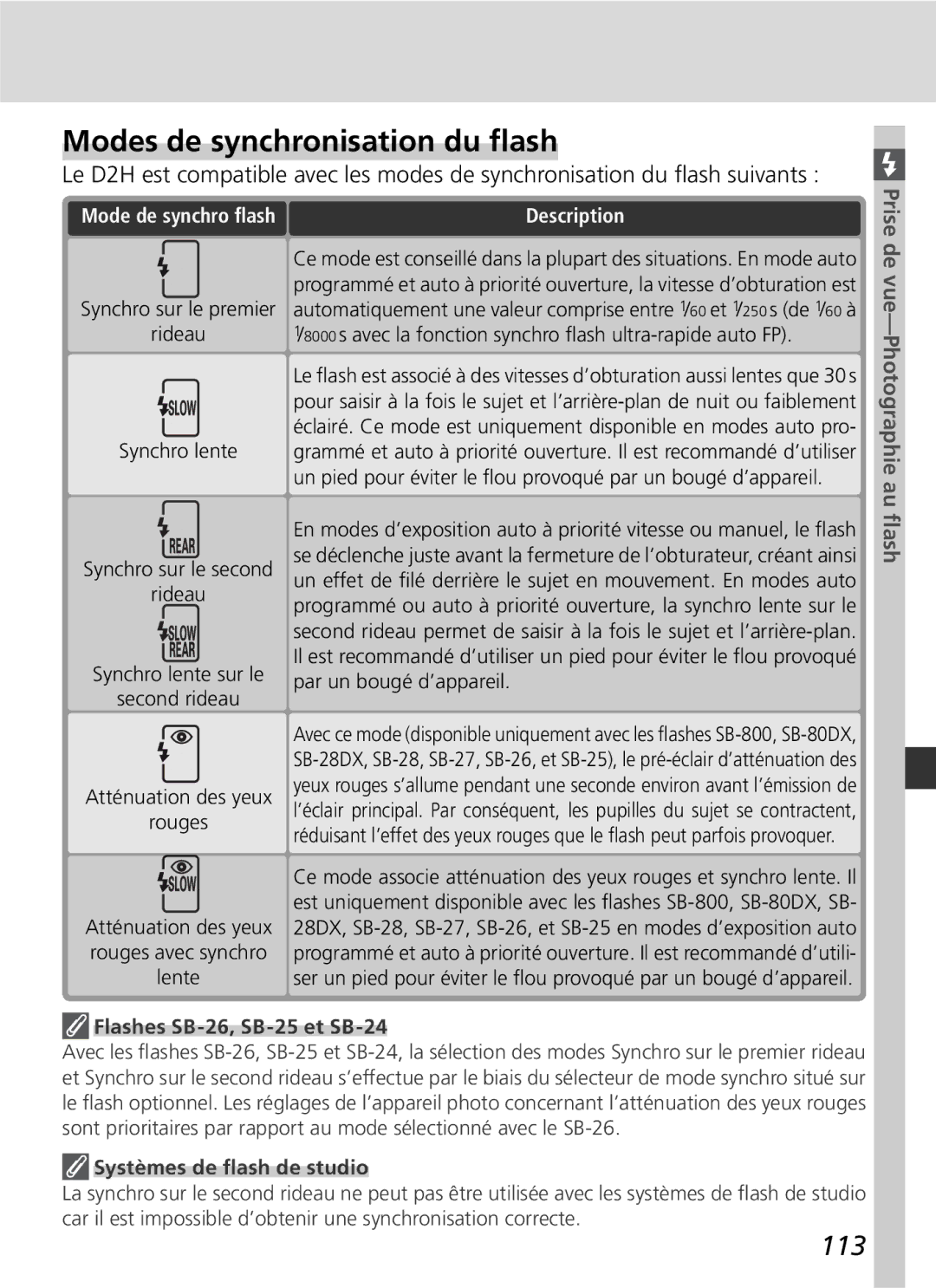 Nikon D2H manual Modes de synchronisation du ﬂash, 113, Prise, De vue-Photographie au ﬂash, Mode de synchro ﬂash 