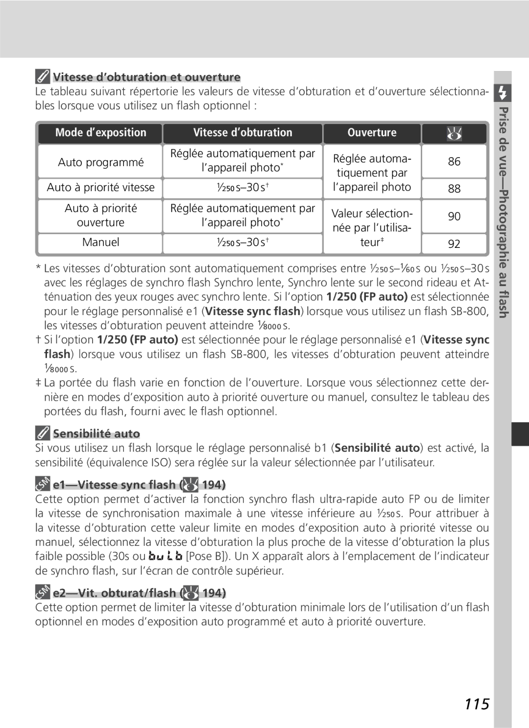 Nikon D2H 115, Vitesse d’obturation et ouverture, Mode d’exposition Vitesse d’obturation Ouverture, E1-Vitesse sync ﬂash 