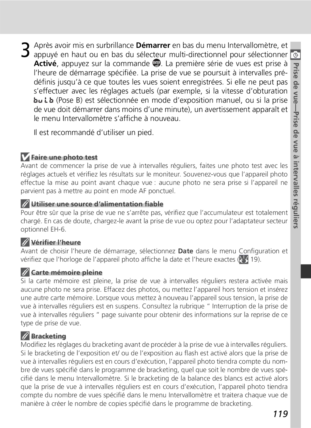 Nikon D2H manual 119, Prise de vue-Prise de vue à intervalles réguliers 