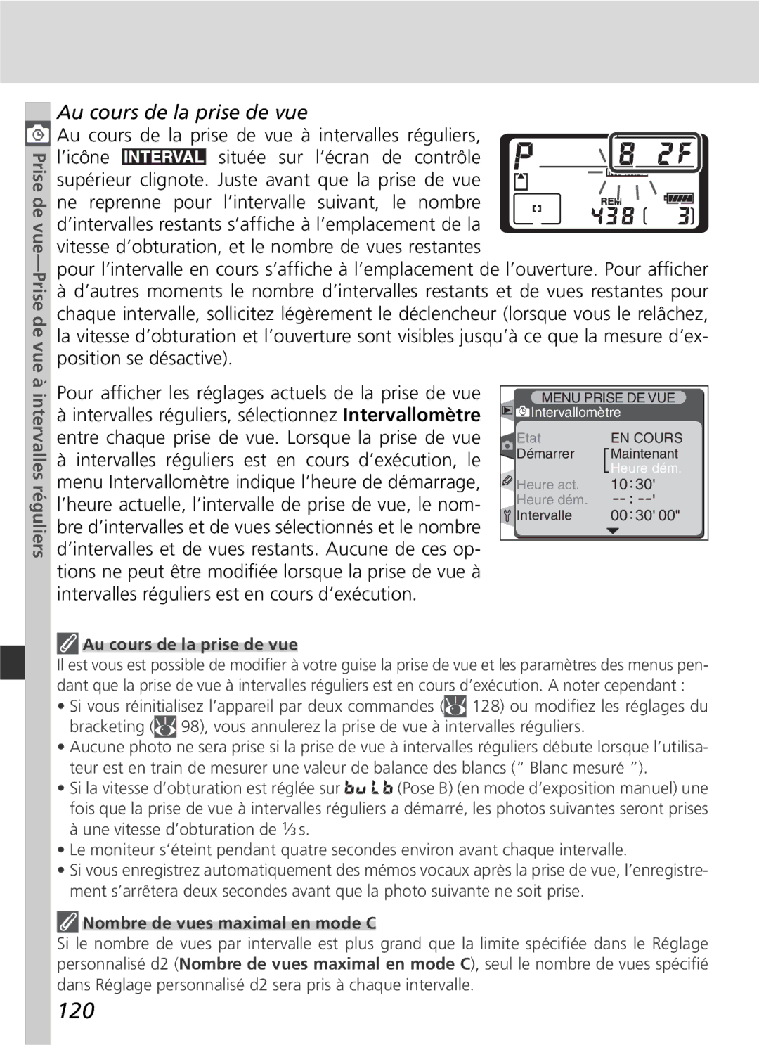 Nikon D2H manual 120, Au cours de la prise de vue, Intervalles réguliers, Nombre de vues maximal en mode C 