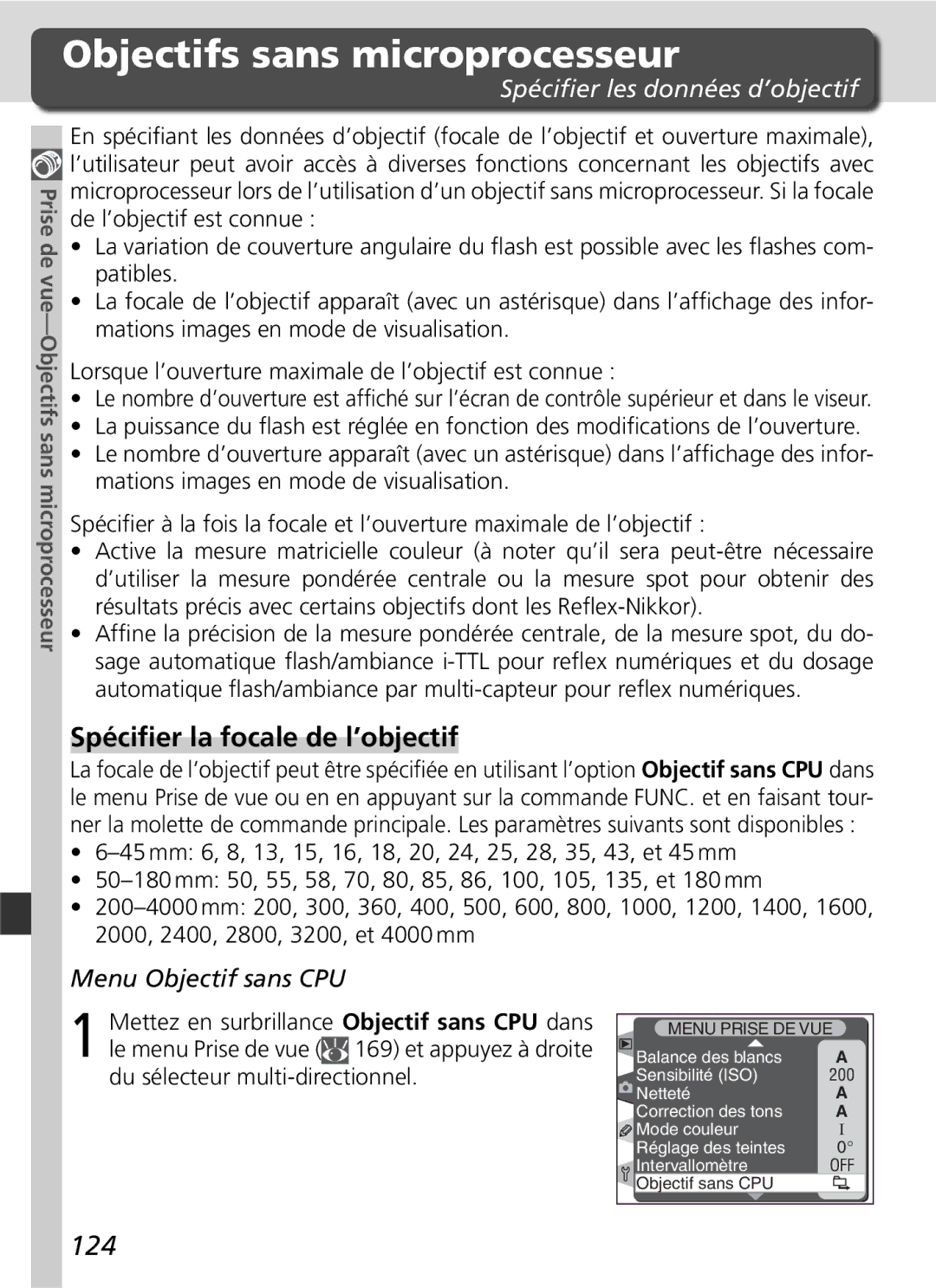 Nikon D2H manual Objectifs sans microprocesseur, Spéciﬁer la focale de l’objectif, 124, Spéciﬁer les données d’objectif 