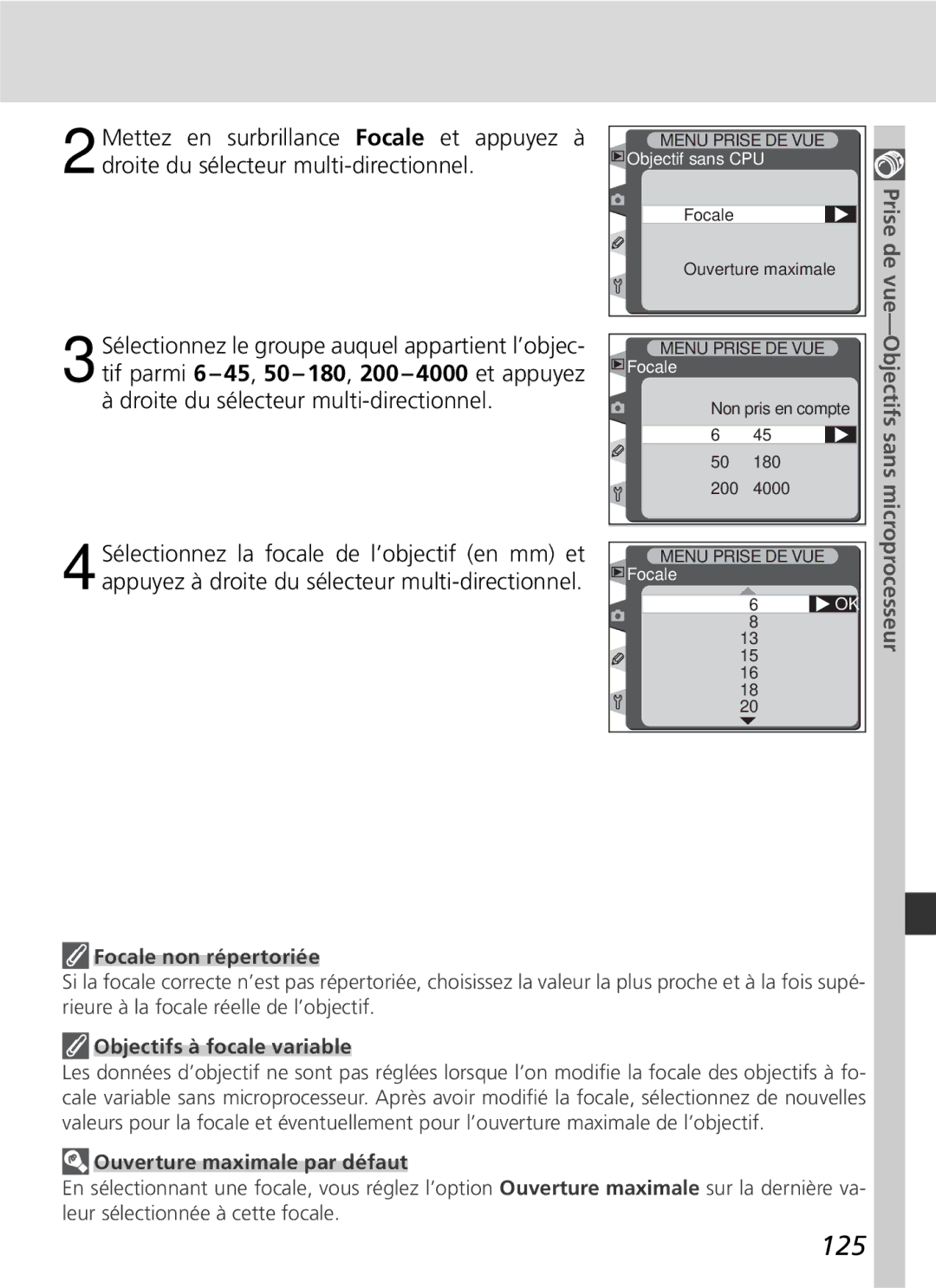 Nikon D2H manual 125, Objectifs sans microprocesseur, Focale non répertoriée, Objectifs à focale variable 