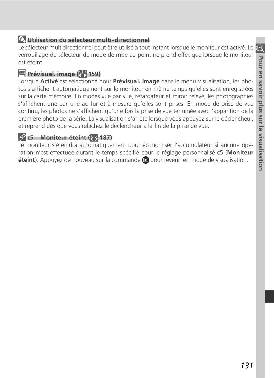 Nikon D2H manual 131, Utilisation du sélecteur multi-directionnel, Prévisual. image, C5-Moniteur éteint 